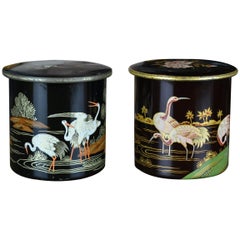 Vintage Tin Boxes with Flamingo and Cranes, Oriental Style