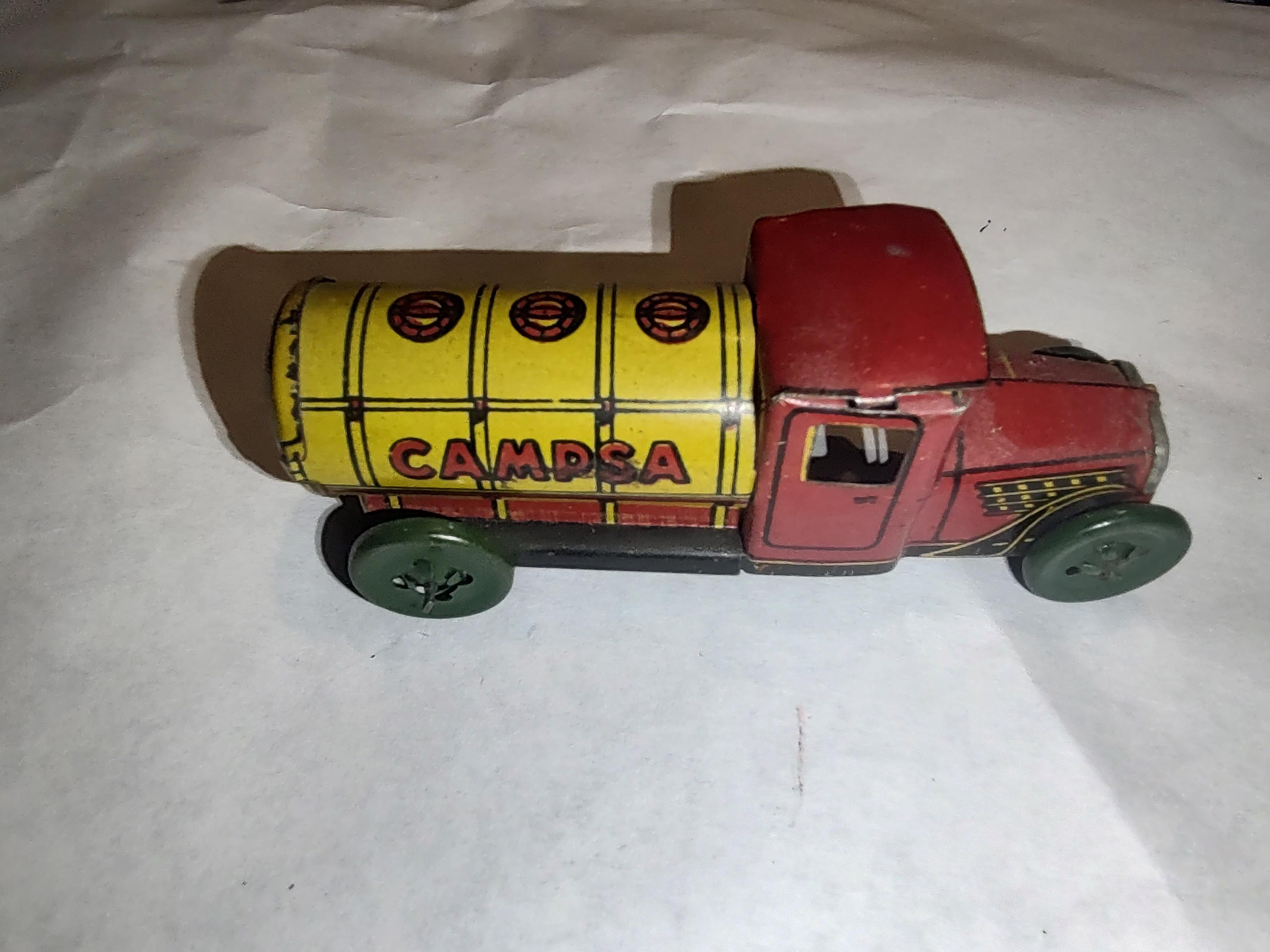 Metal Tin Litho Penny Toys Stake & Tanker Truck and a Sedan by Meier For Sale