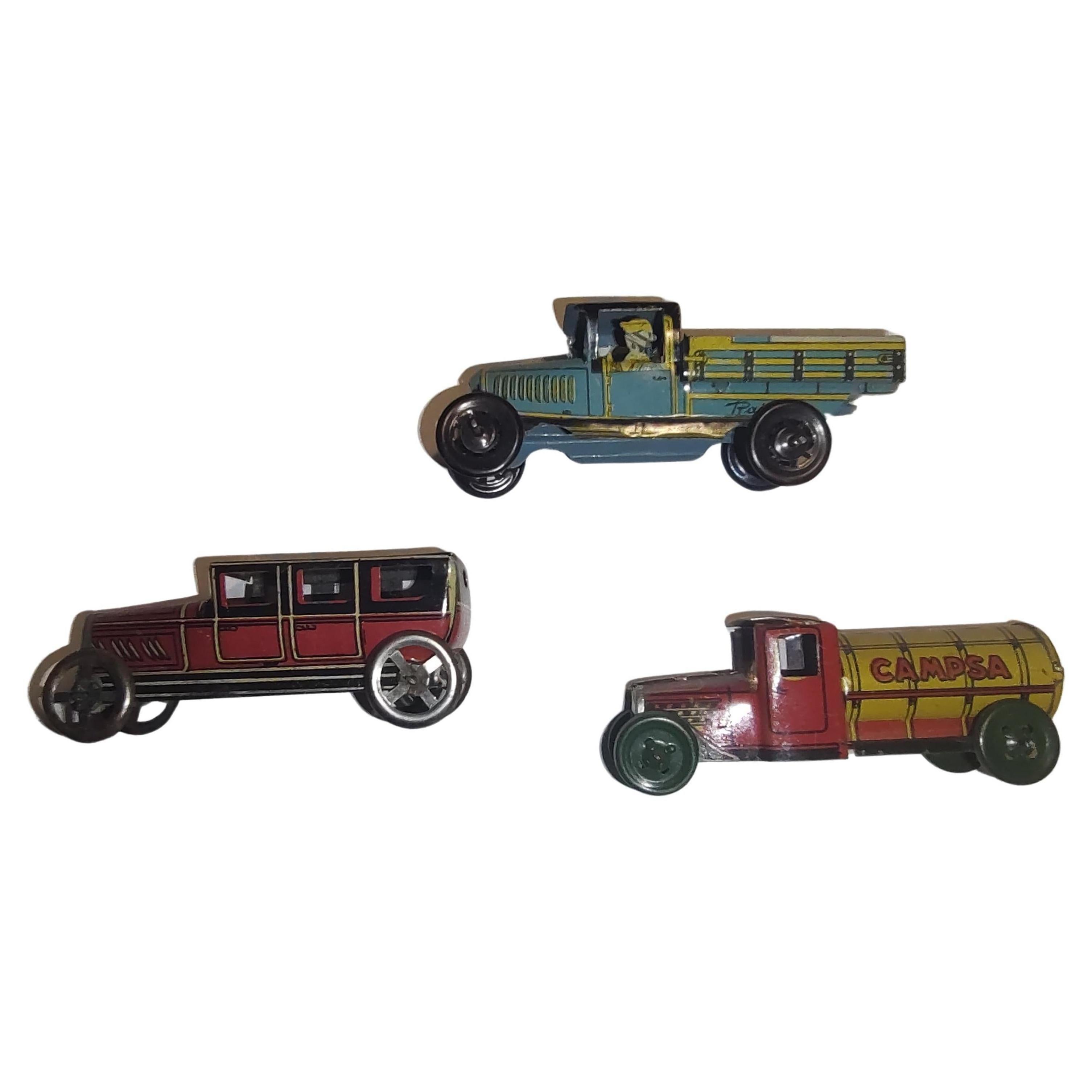 Tin Litho Penny Toys Stake & Tanker Truck and a Sedan by Meier For Sale
