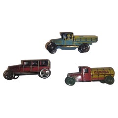 Vintage Tin Litho Penny Toys Stake & Tanker Truck and a Sedan by Meier