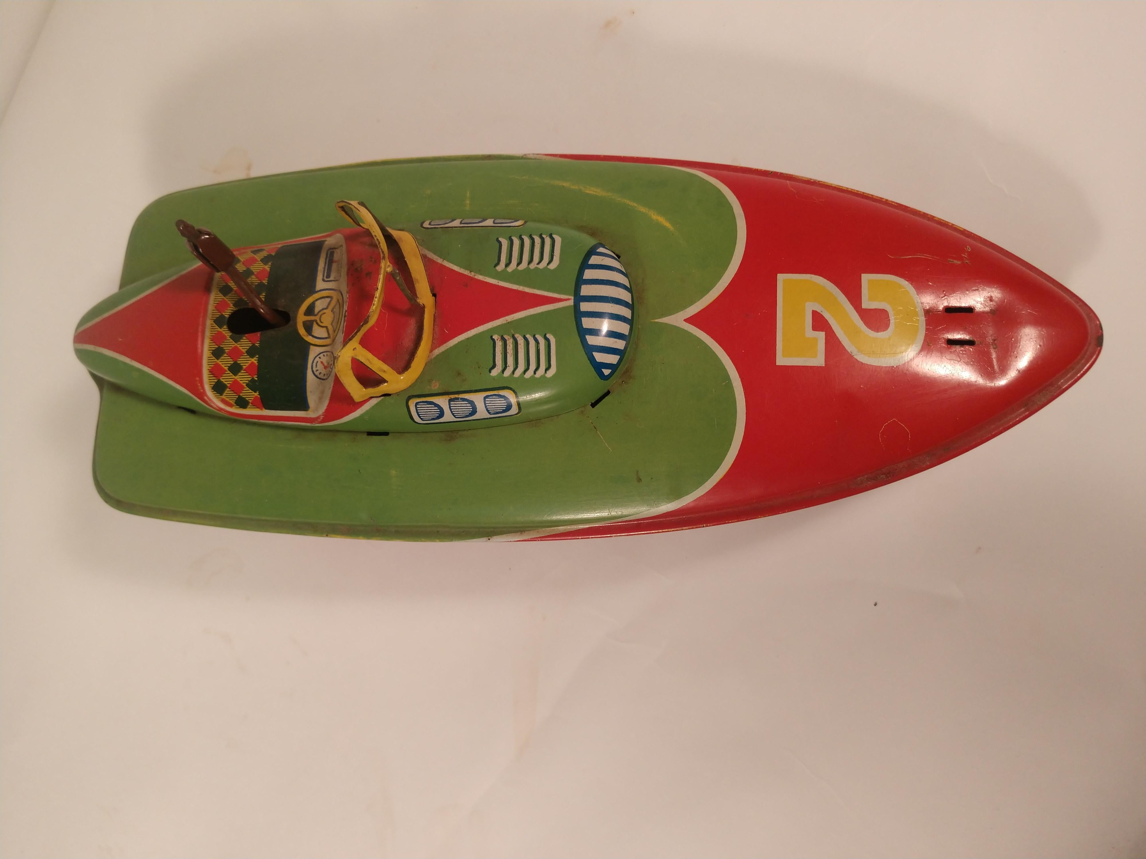 Painted Tin Litho Windup Racing Boat, Japan, circa 1957