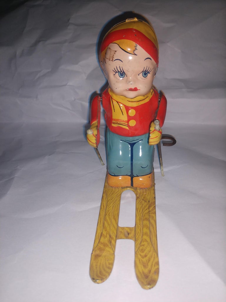 Tin Litho Windup Toy Skier Girl by Chein C1945 For Sale 3