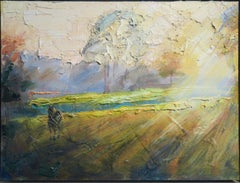 Original impressionist oil painting Cotswolds England Horse In Winter Sun