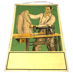 Tin Singer Sign with Tailor and Singer Sewing Machine, 1930s