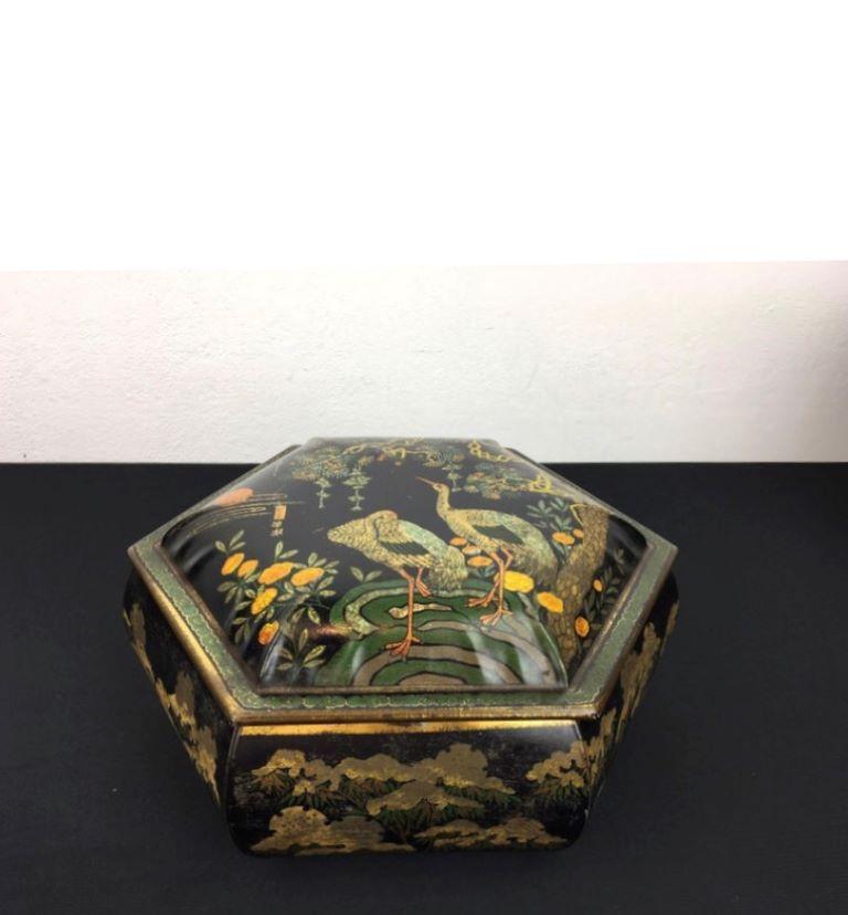 Tin with Cranes, Asian Style, Early 20th Century For Sale 1