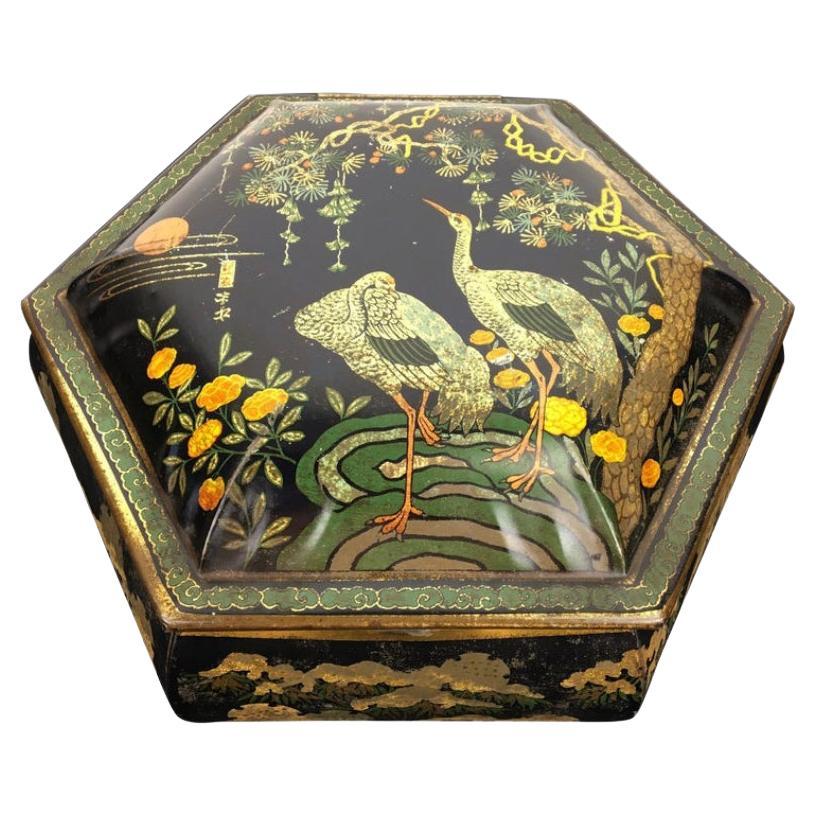Tin with Cranes, Asian Style, Early 20th Century For Sale
