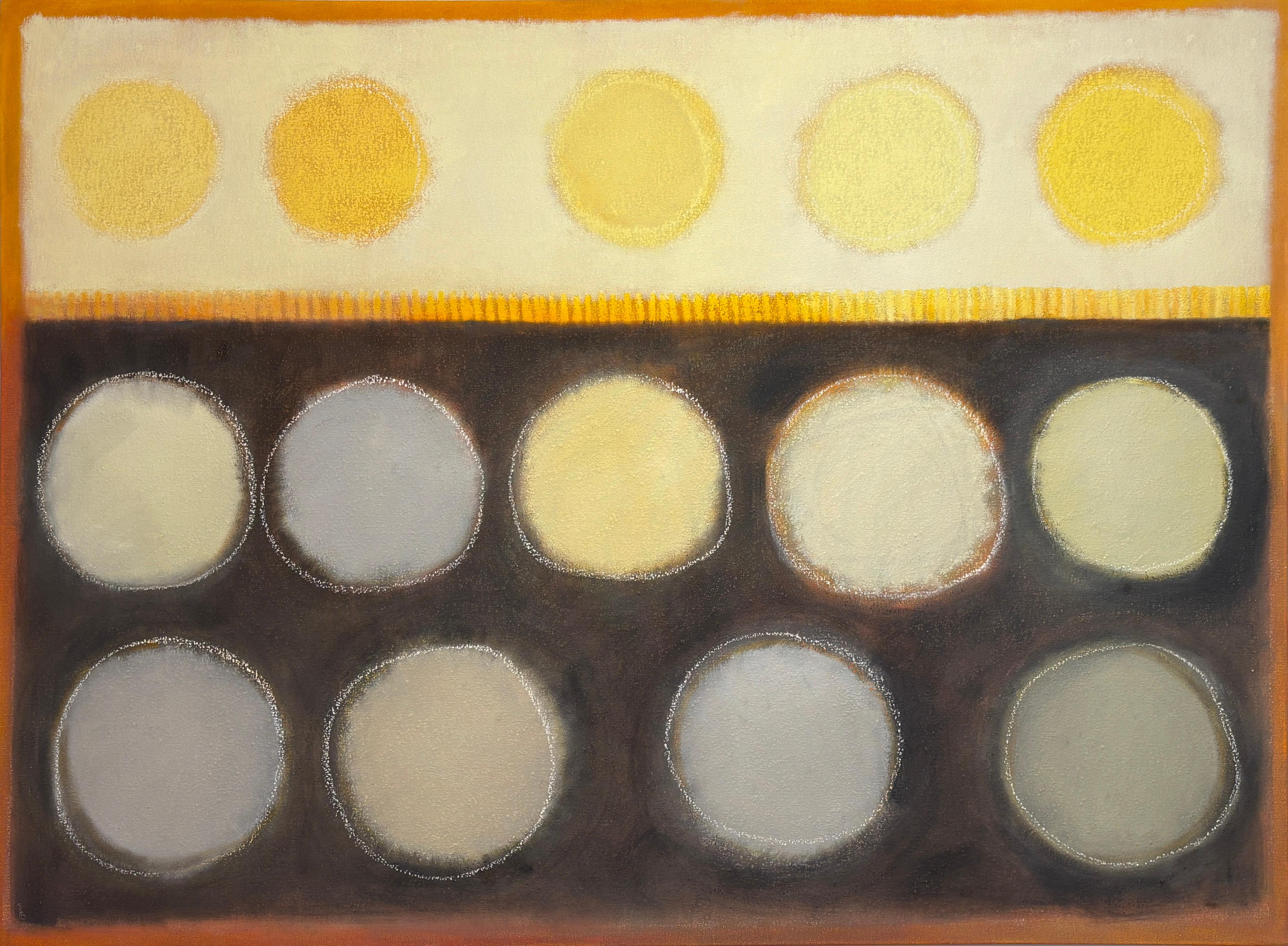 "5 Suns and 9 Moons" - Geometric Circle Abstract in Yellow, Orange, and Black