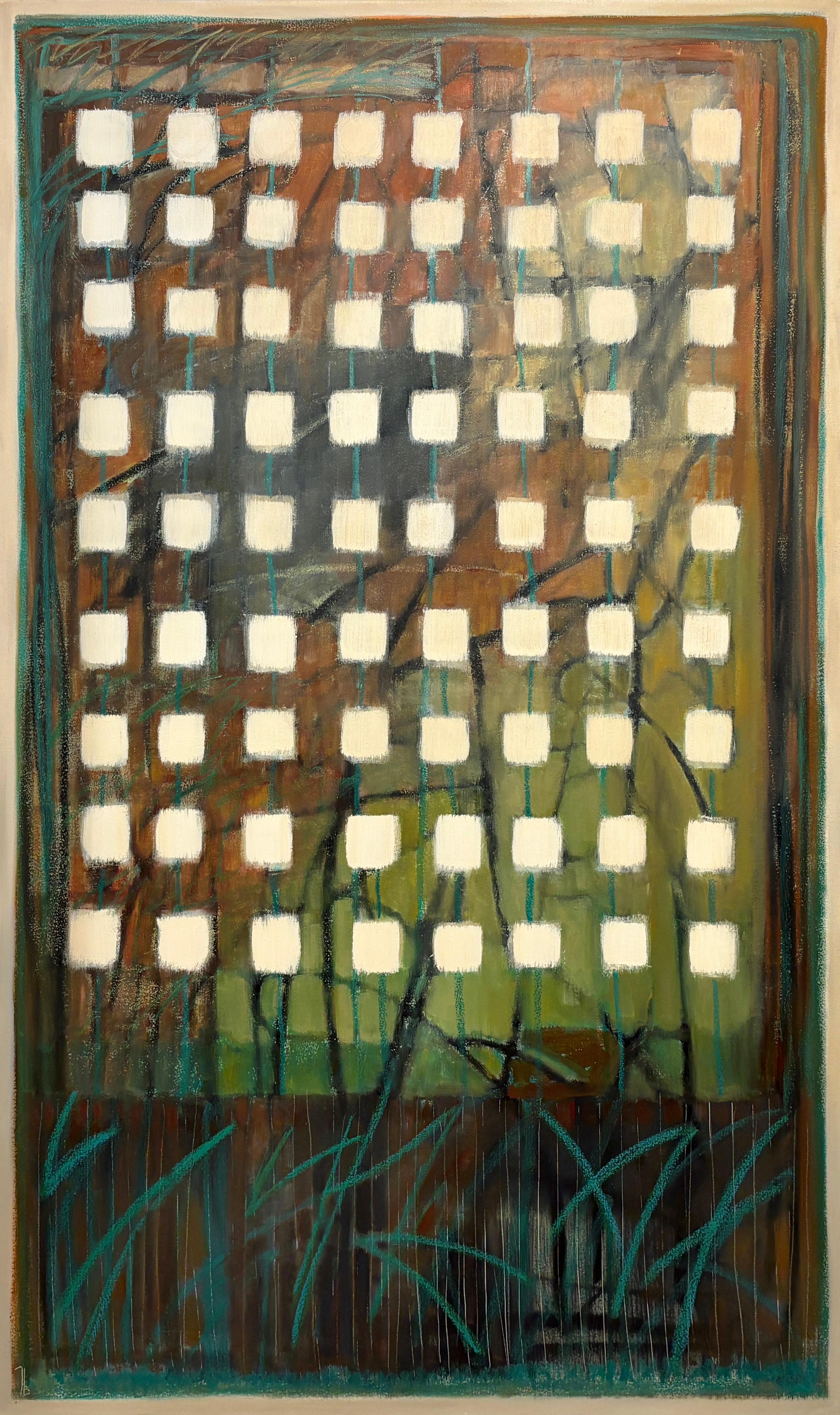 Abstract Painting Tina Bluefield - "By the River" - Art abstrait géométrique contemporain dans les tons de Greene 
Greene