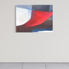 "Red Slipper" Contemporary Minimal Abstract Oil Painting, Gray with Red and Blue