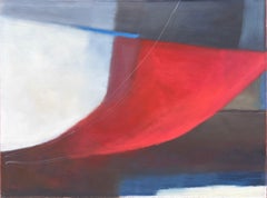 "Red Slipper" Contemporary Minimal Abstract Oil Painting, Gray with Red and Blue
