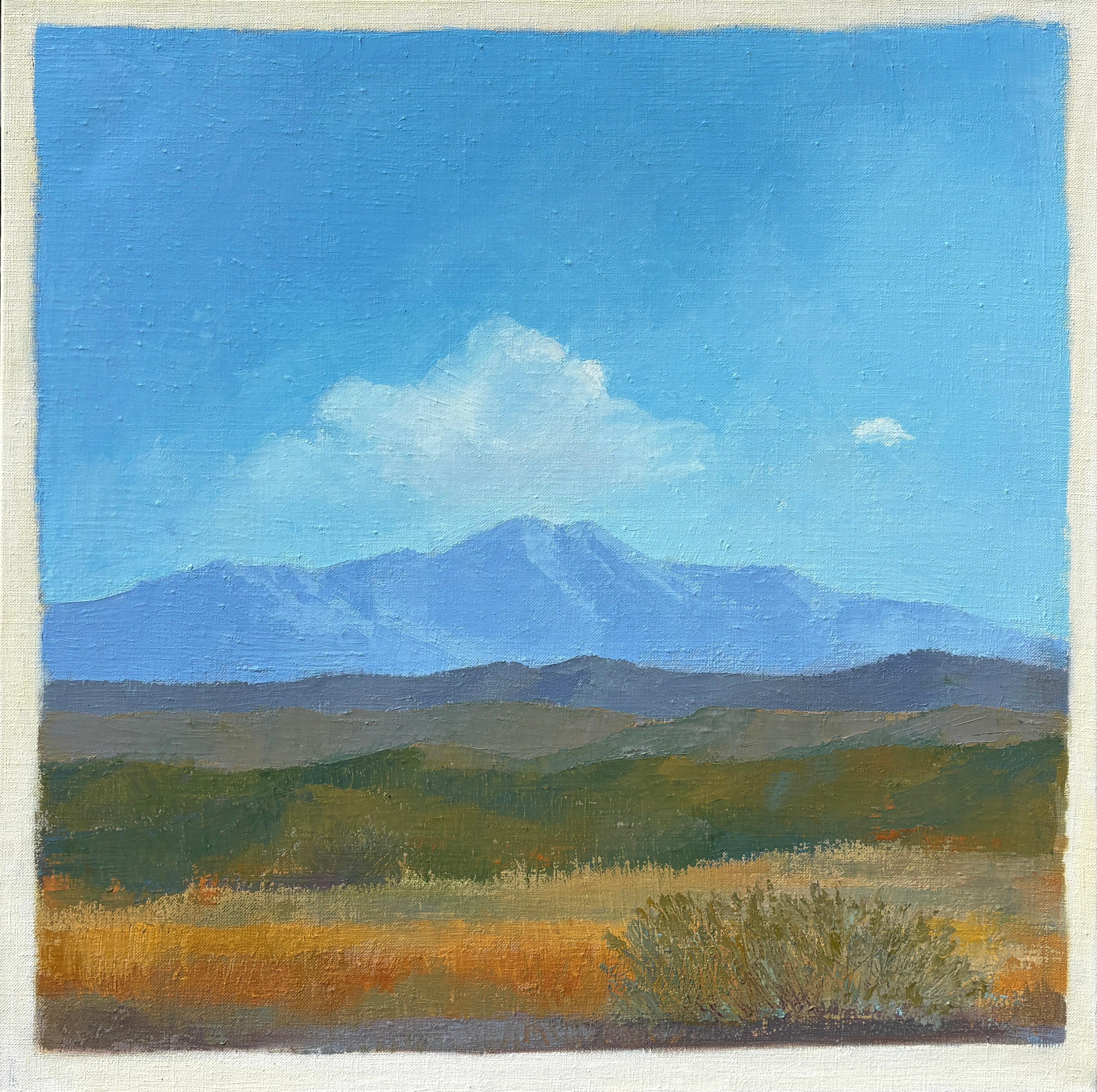 Tina Bluefield Landscape Painting – "Singende Luft" - Zeitgenössische heitere Wüstenlandschaft mit Bergen Ölgemälde