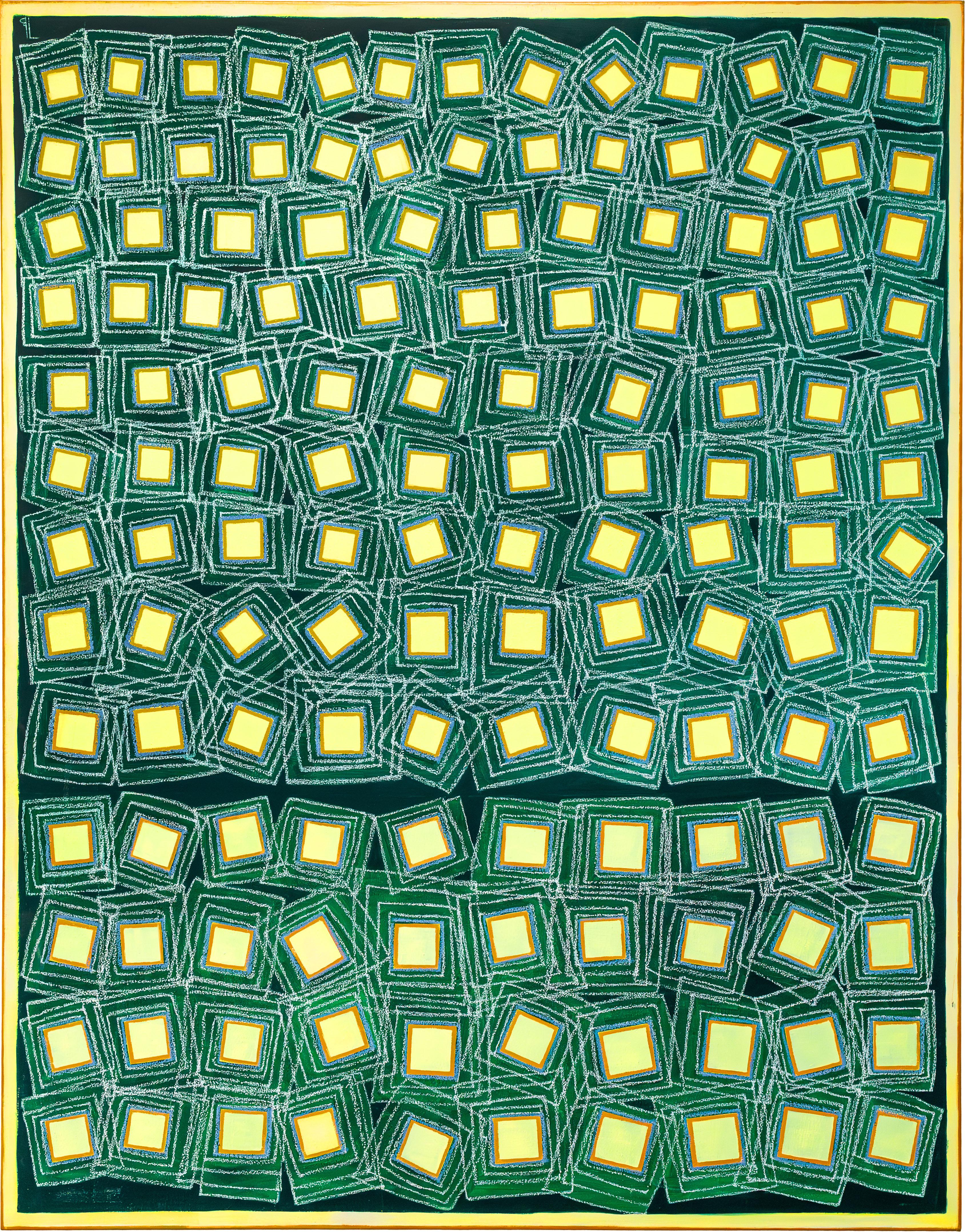 Tina Bluefield Abstract Painting - Yellow Squares on Green