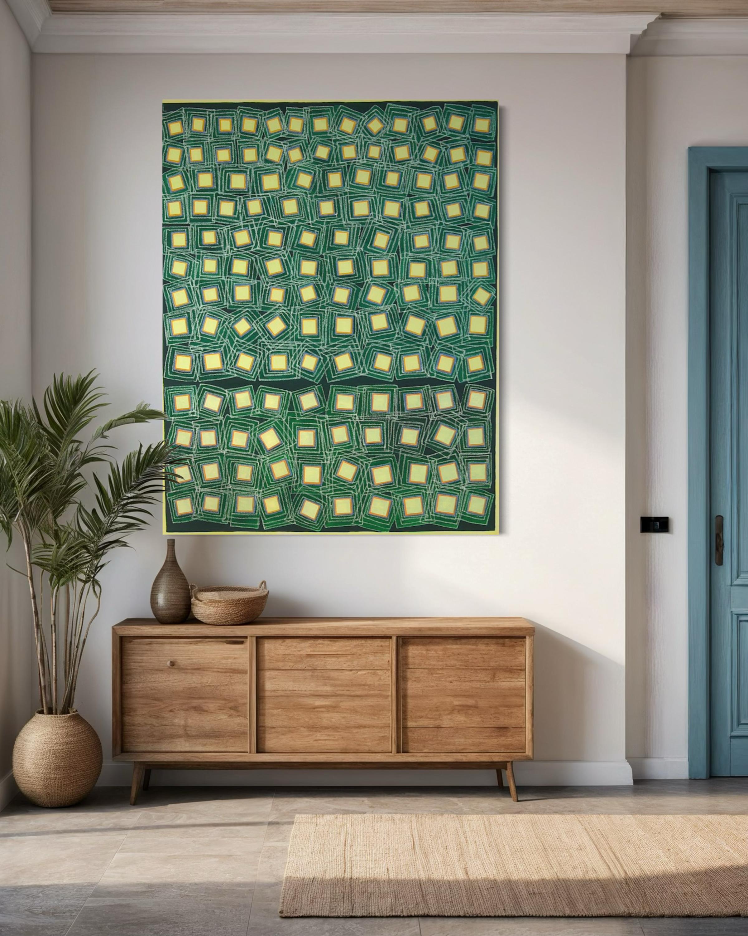 Cuadrados amarillos sobre verde - Pintura abstracta grande - Mixed Media Art Contemporáneo de Tina Bluefield