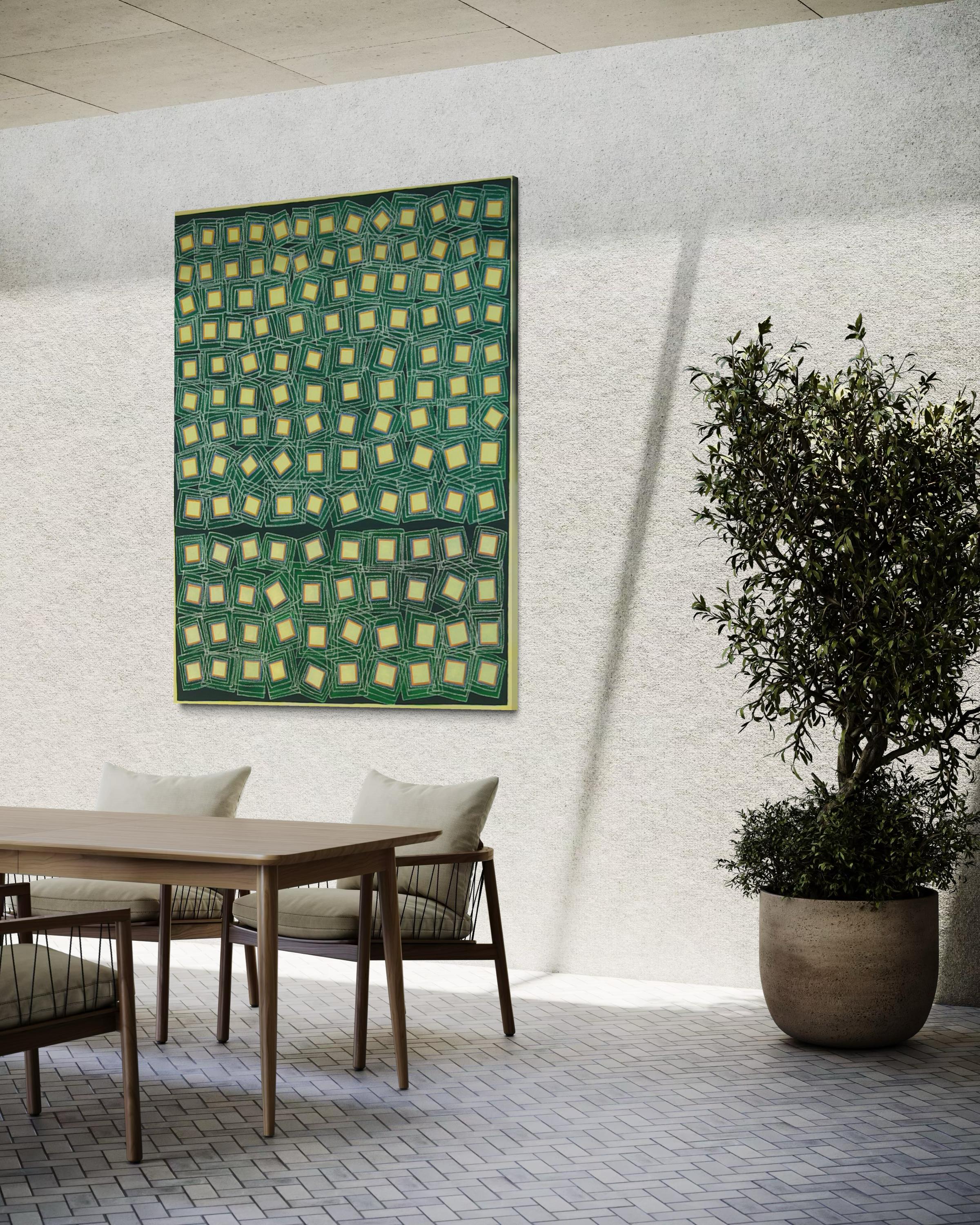 Cuadrados amarillos sobre verde - Pintura abstracta grande en venta 1