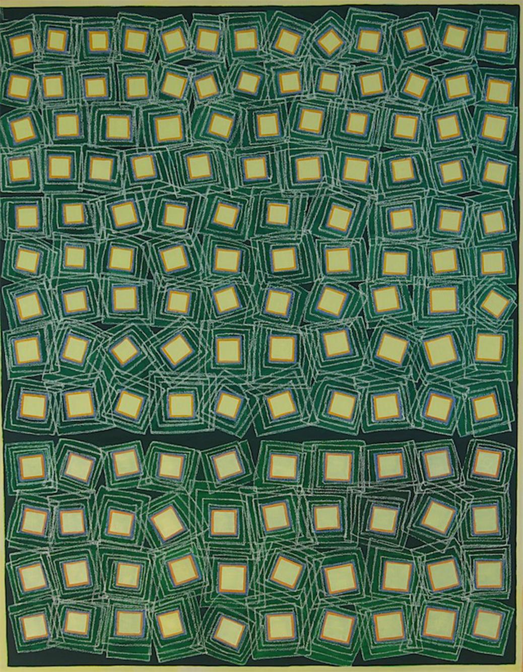 Cuadrados amarillos sobre verde - Pintura abstracta grande - Mixed Media Art de Tina Bluefield