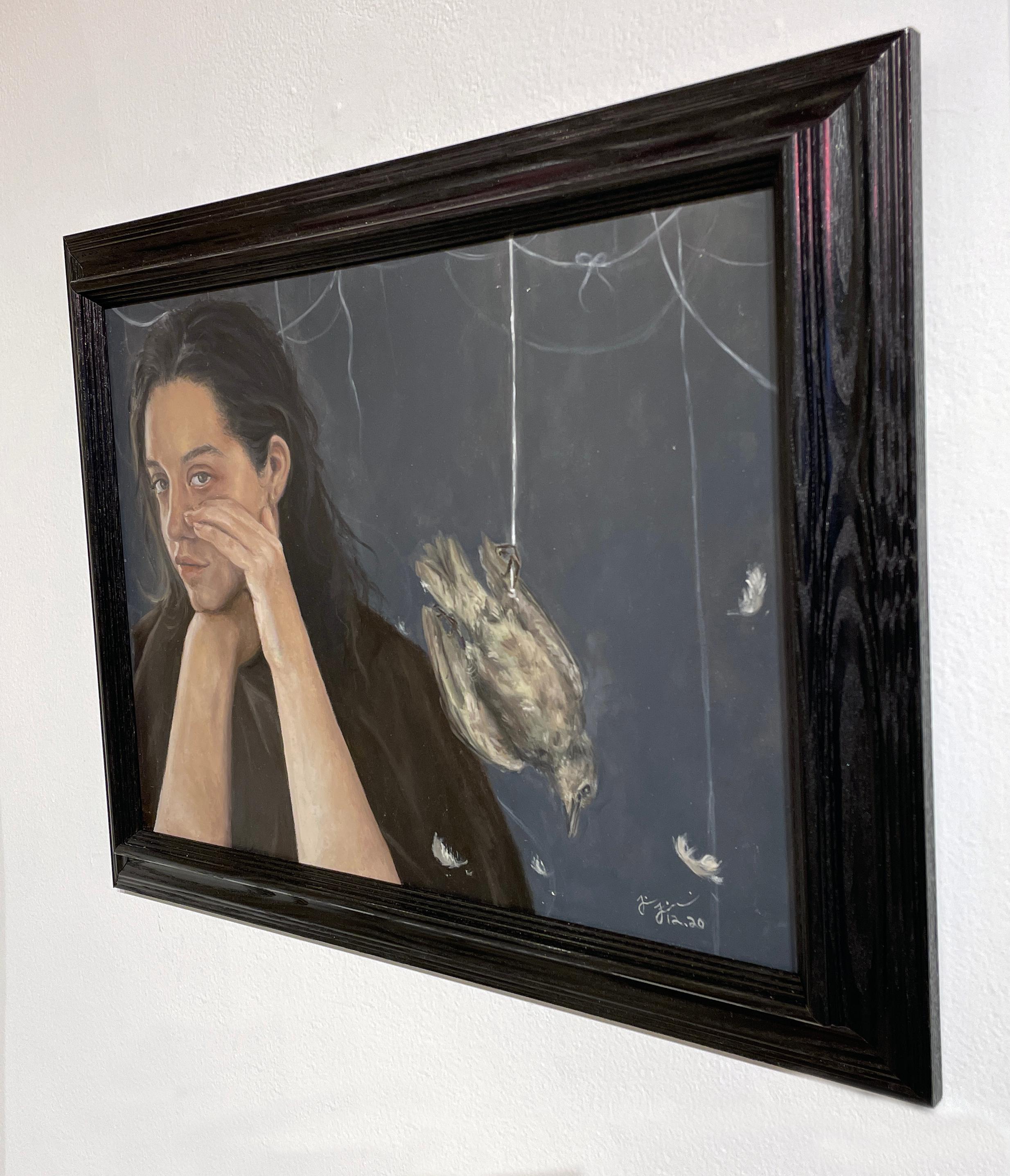 As Above, So Below - Artist Self Portrait with Bird, Original Oil Paint on Panel - Painting by Tina Figarelli