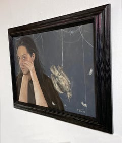As Above, So Below - Artist Self Portrait with Bird, Original Oil Paint on Panel