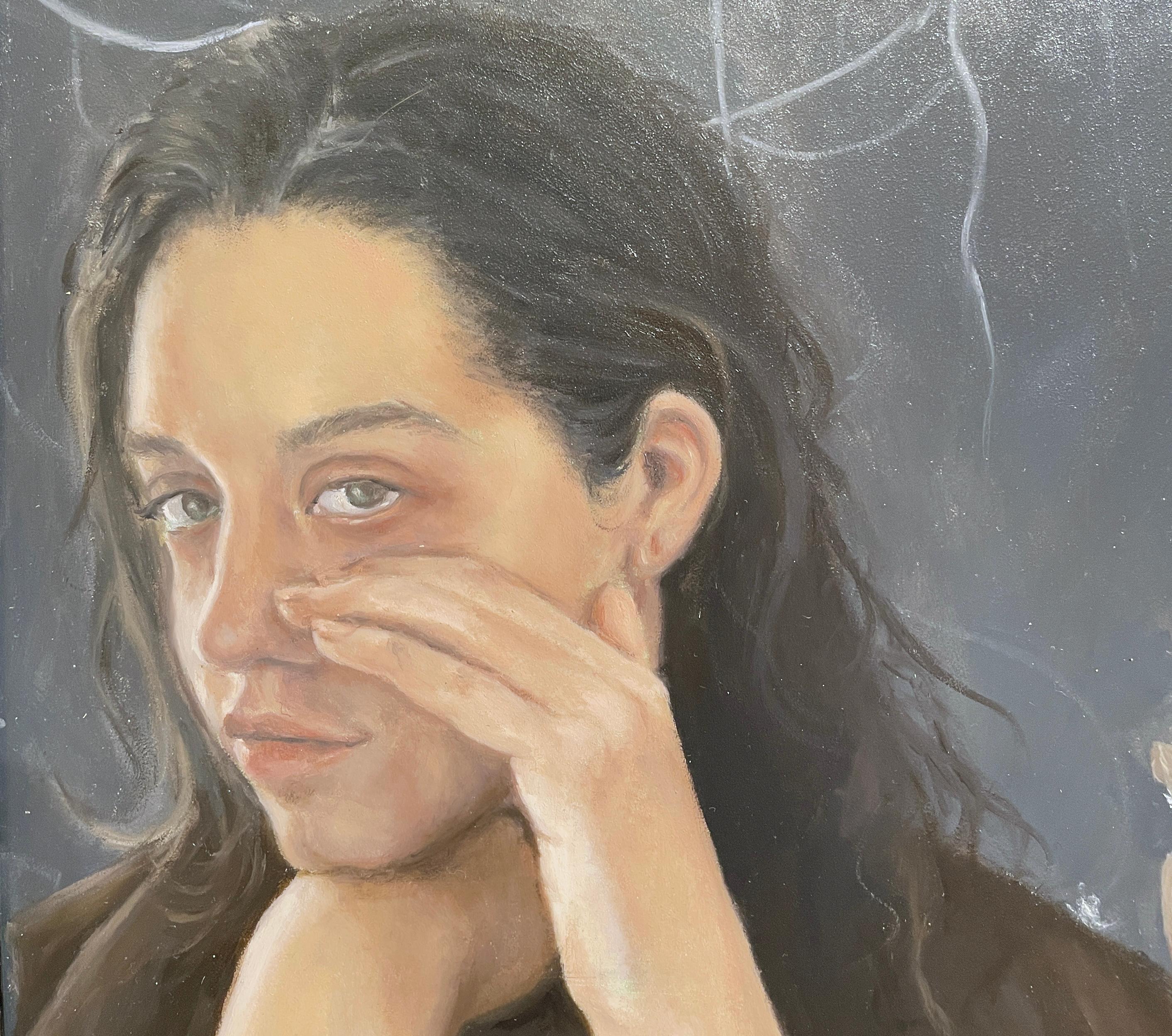 As Above, So Below - Artist Self Portrait with Bird, Original Oil Paint on Panel - Black Figurative Painting by Tina Figarelli