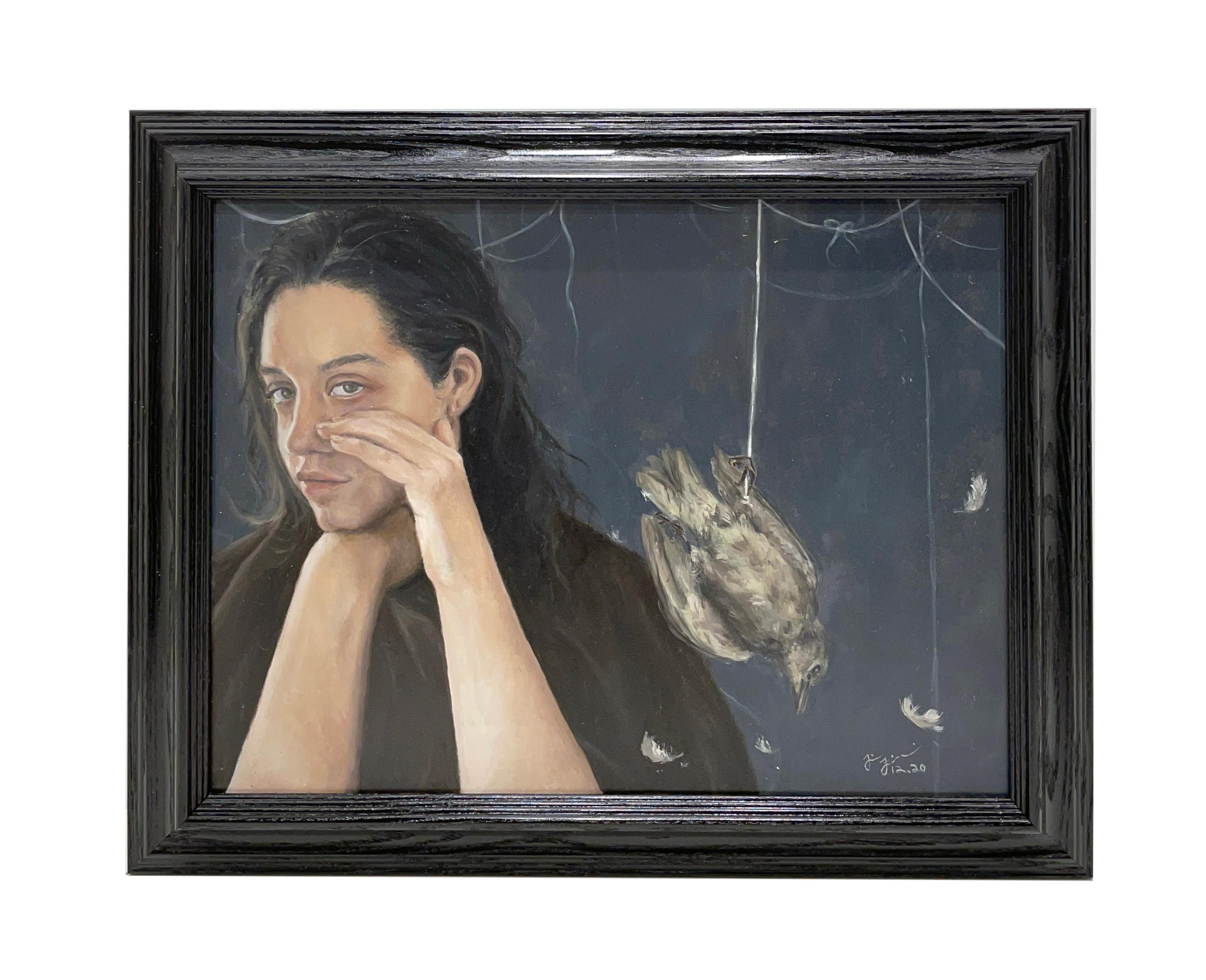 Tina Figarelli Figurative Painting - As Above, So Below - Artist Self Portrait with Bird, Original Oil Paint on Panel