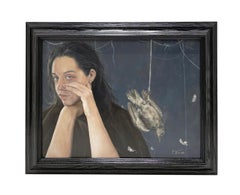 As Above, So Below - Artist Self Portrait with Bird, Original Oil Paint on Panel