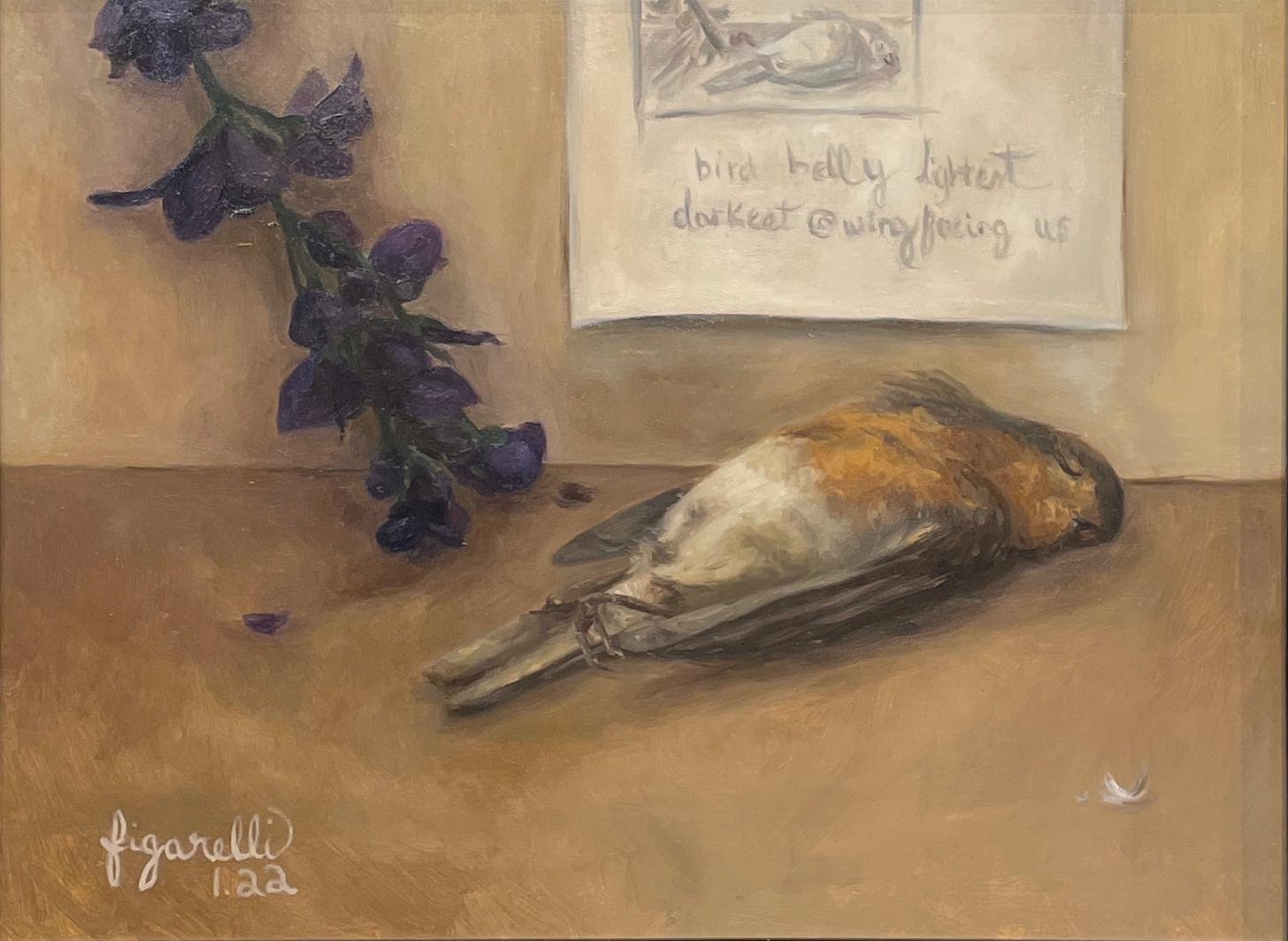 Broken Window - Still Life with Flower, Dead Bird and Note, Oil on Panel, Framed - Painting by Tina Figarelli