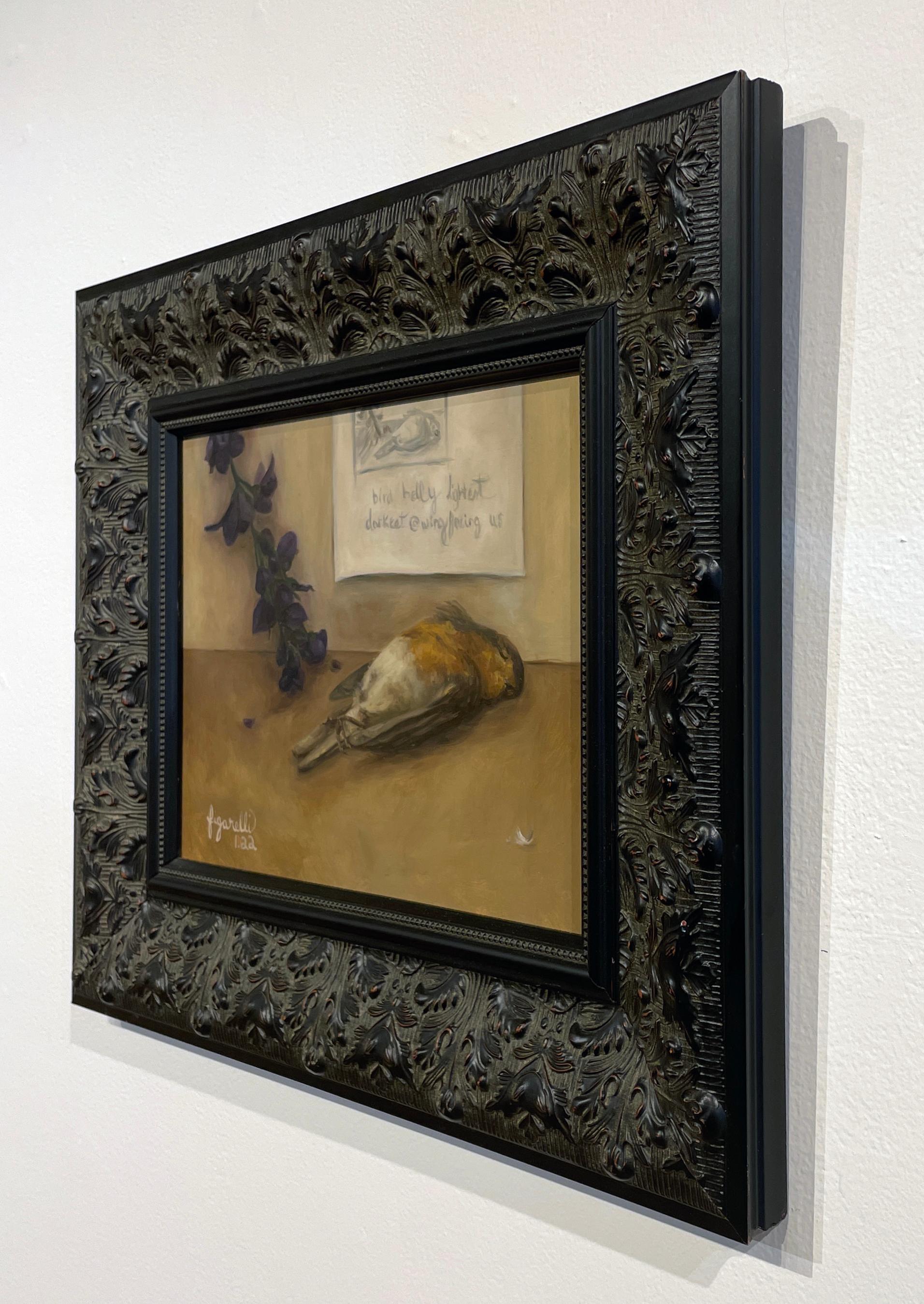 Broken Window - Still Life with Flower, Dead Bird and Note, Oil on Panel, Framed - Contemporary Painting by Tina Figarelli