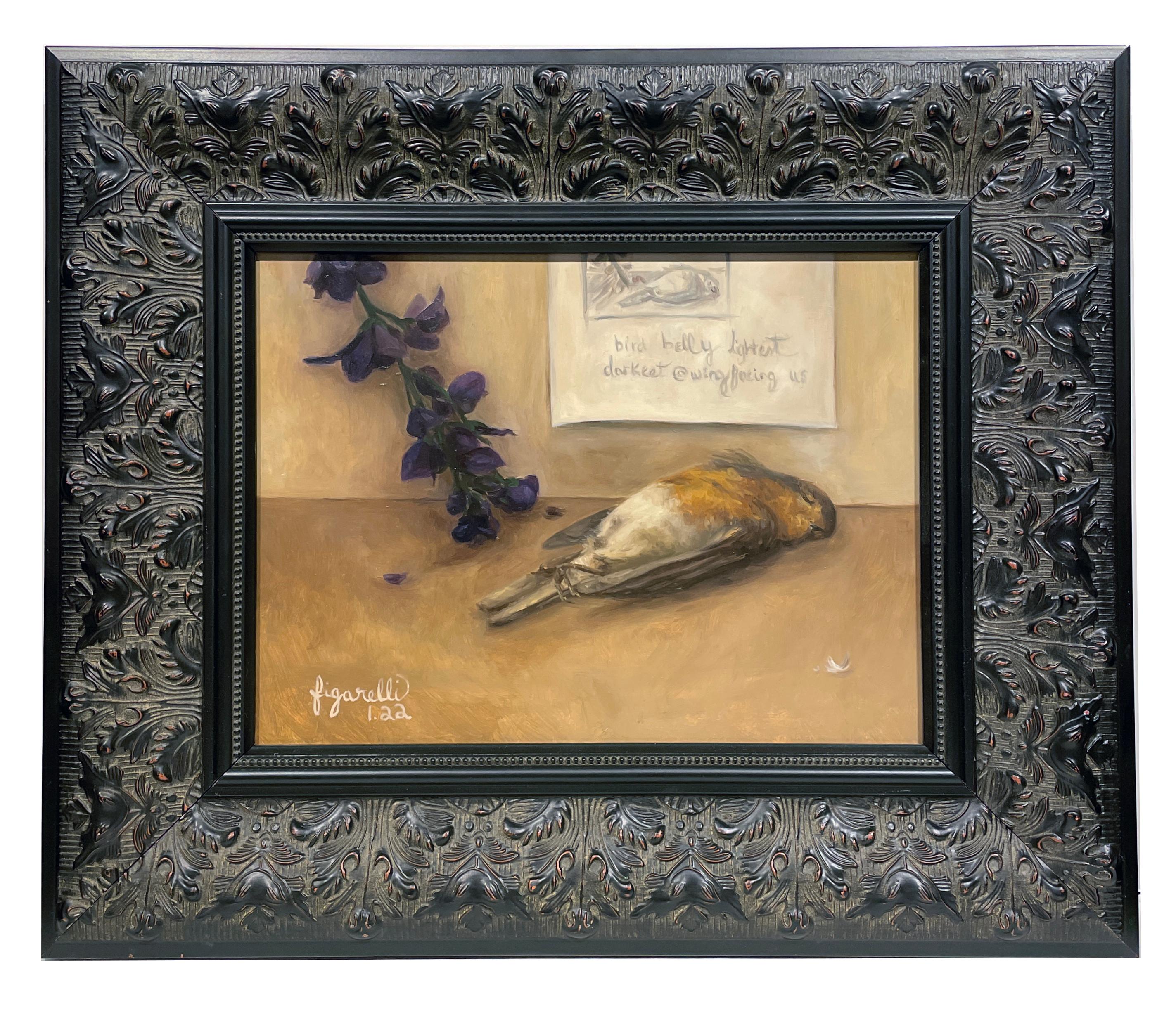Tina Figarelli Animal Painting - Broken Window - Still Life with Flower, Dead Bird and Note, Oil on Panel, Framed