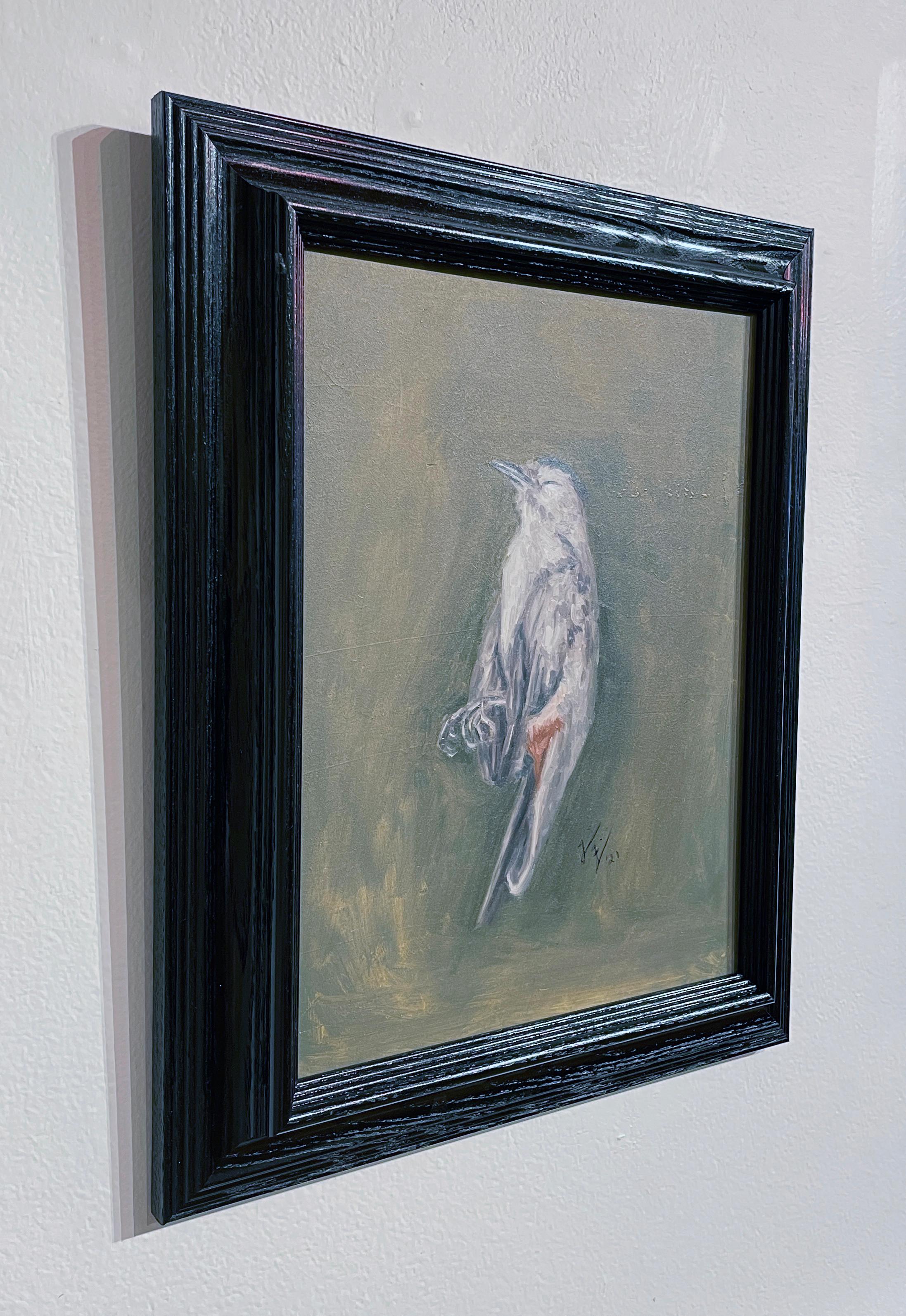 Katzenvogel – Stillleben mit totem Vogel, Original-Ölgemälde auf Tafel – Painting von Tina Figarelli