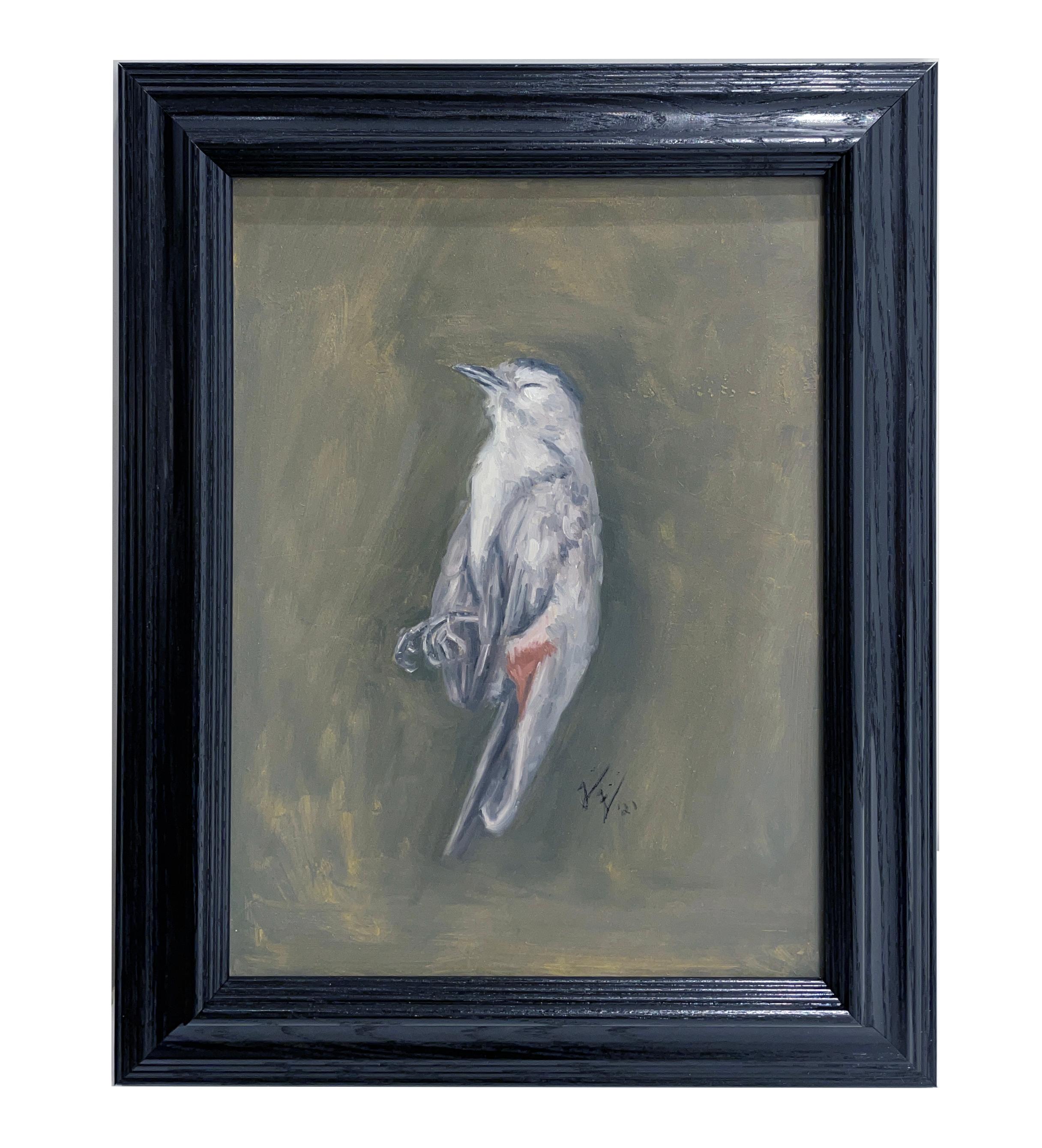 Katzenvogel – Stillleben mit totem Vogel, Original-Ölgemälde auf Tafel