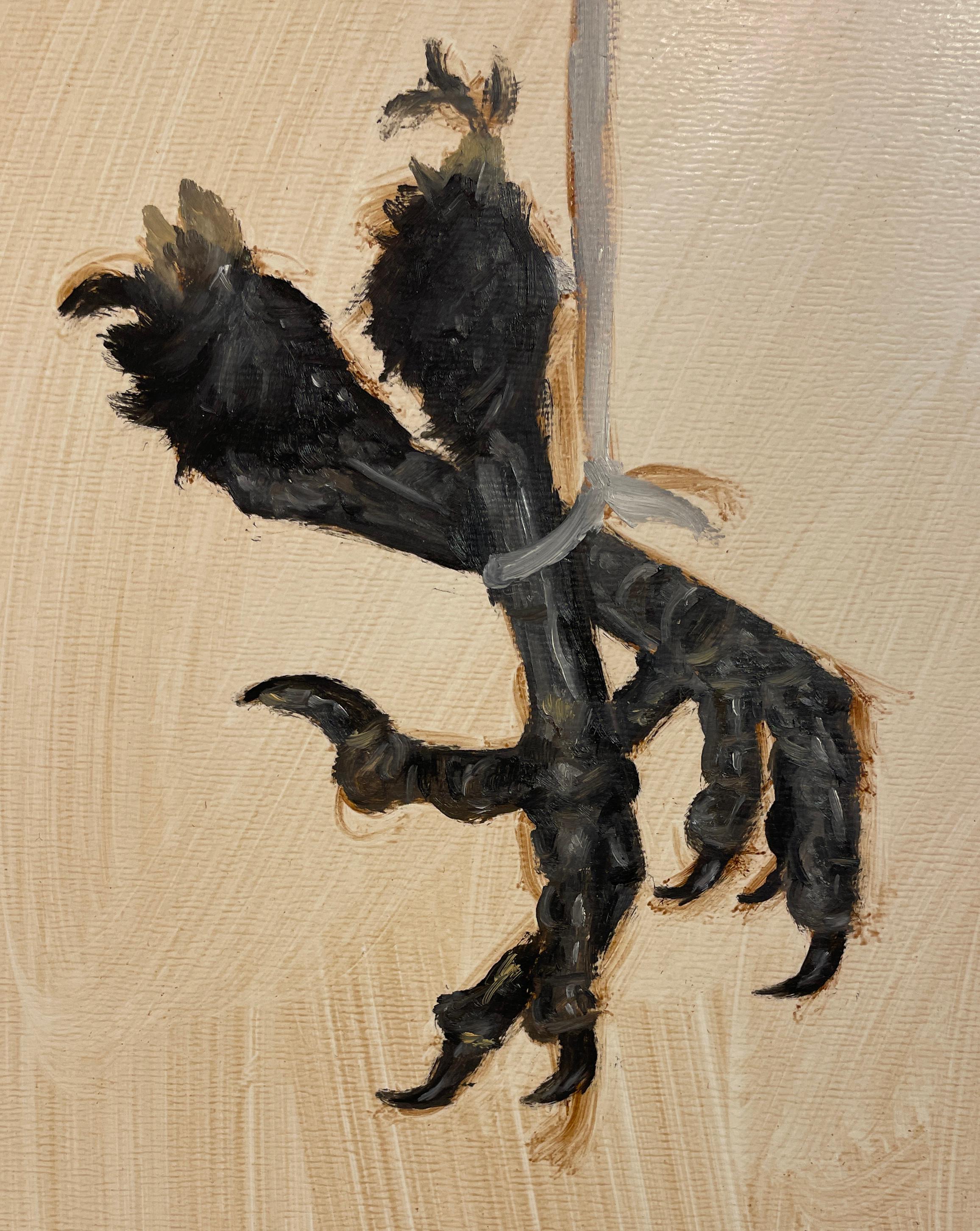 Étude des pieds de Crow - Peinture à l'huile originale sur panneau, encadrée - Noir Still-Life Painting par Tina Figarelli