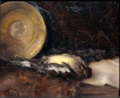 Laid to Rest - Still Life with Dead Bird and Golden Plate, Oil on Panel, Framed