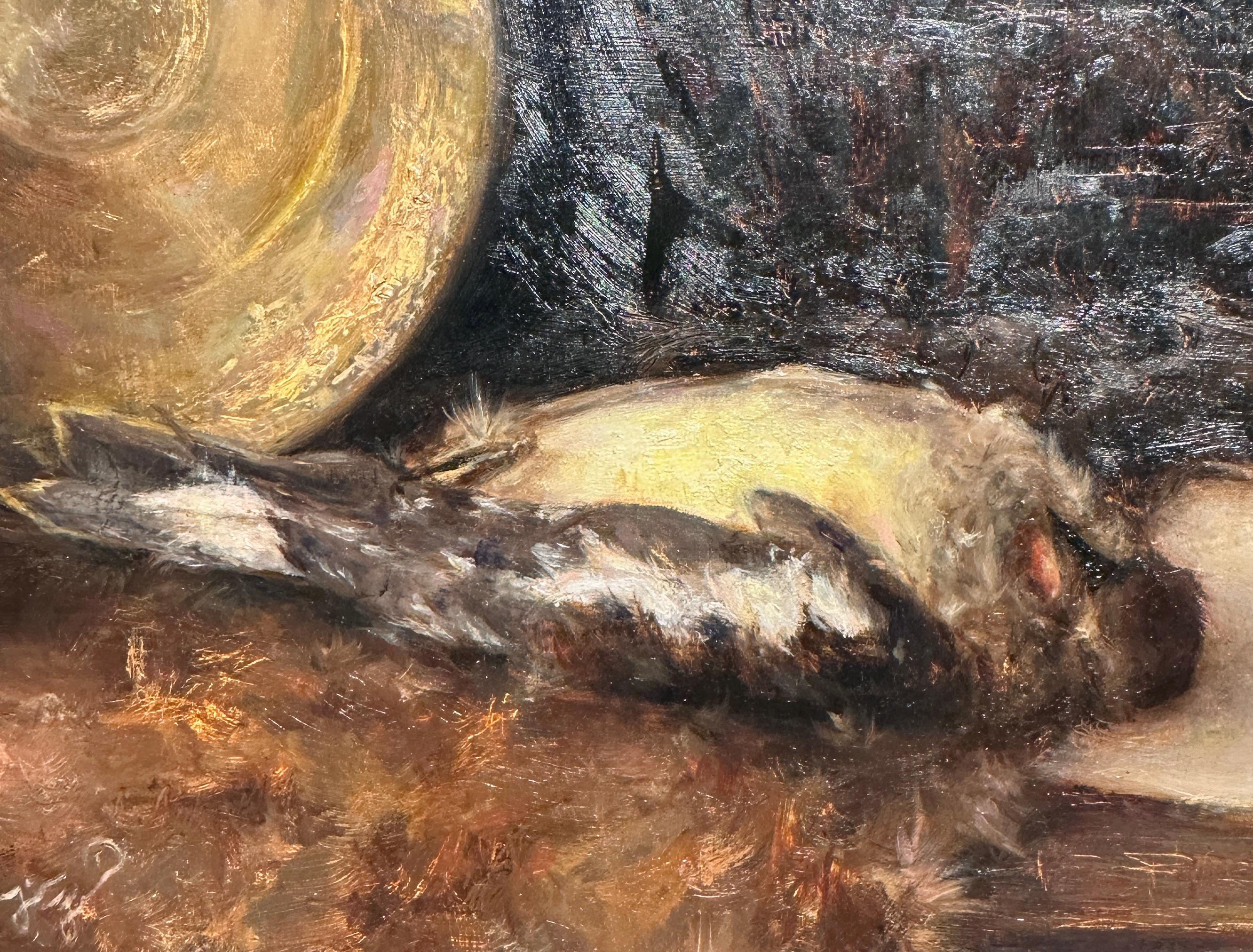 Laid to Rest - Still Life with Dead Bird and Golden Plate, Oil on Panel, Framed - Contemporary Painting by Tina Figarelli