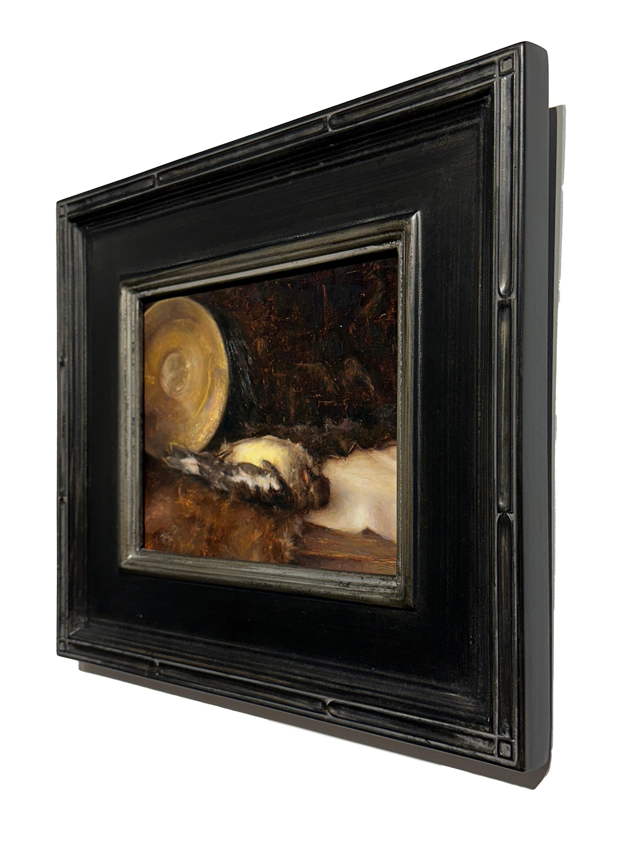 Laid to Rest - Still Life with Dead Bird and Golden Plate, Oil on Panel, Framed For Sale 1