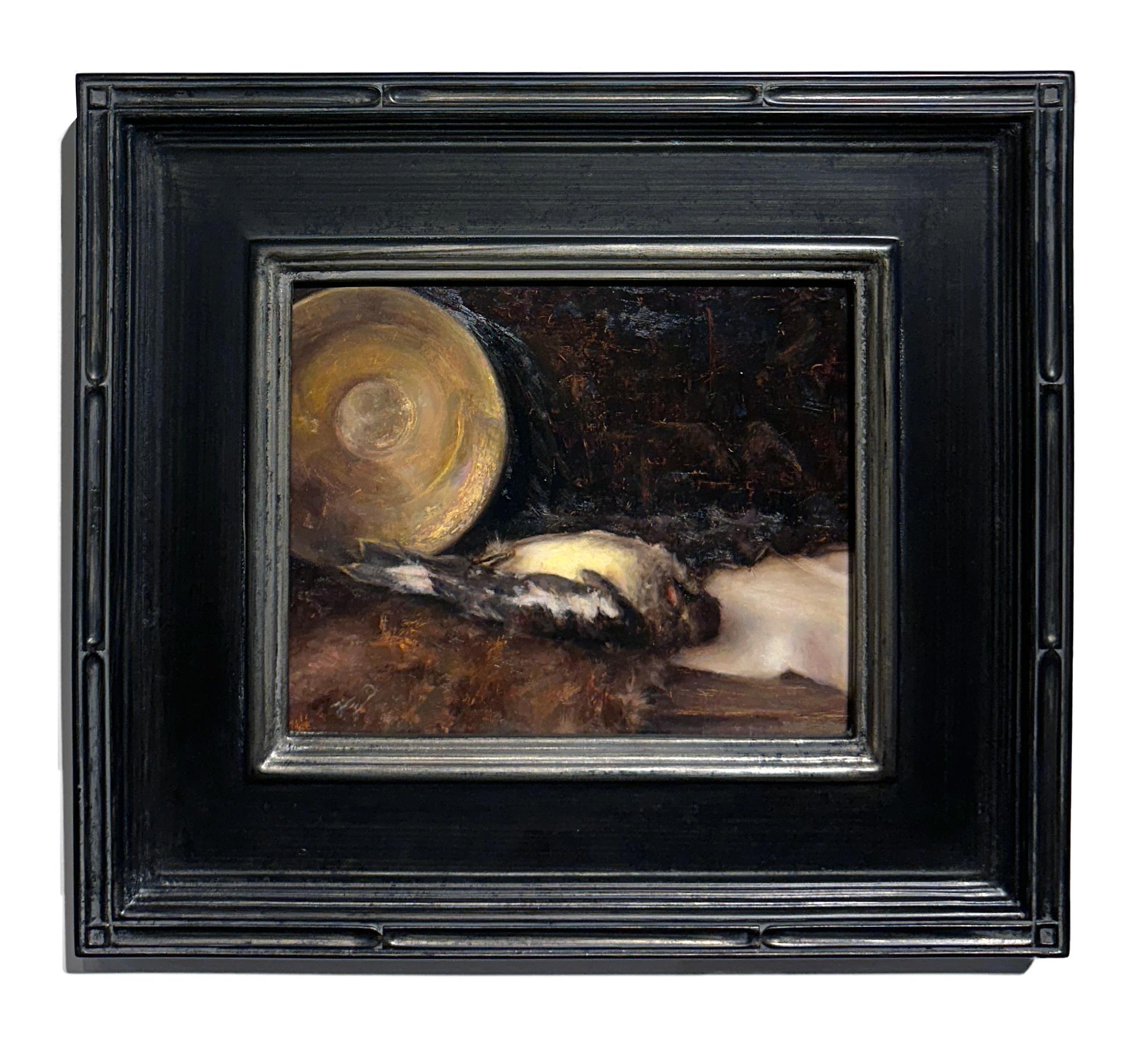 Laid to Rest - Still Life with Dead Bird and Golden Plate, Oil on Panel, Framed For Sale 1