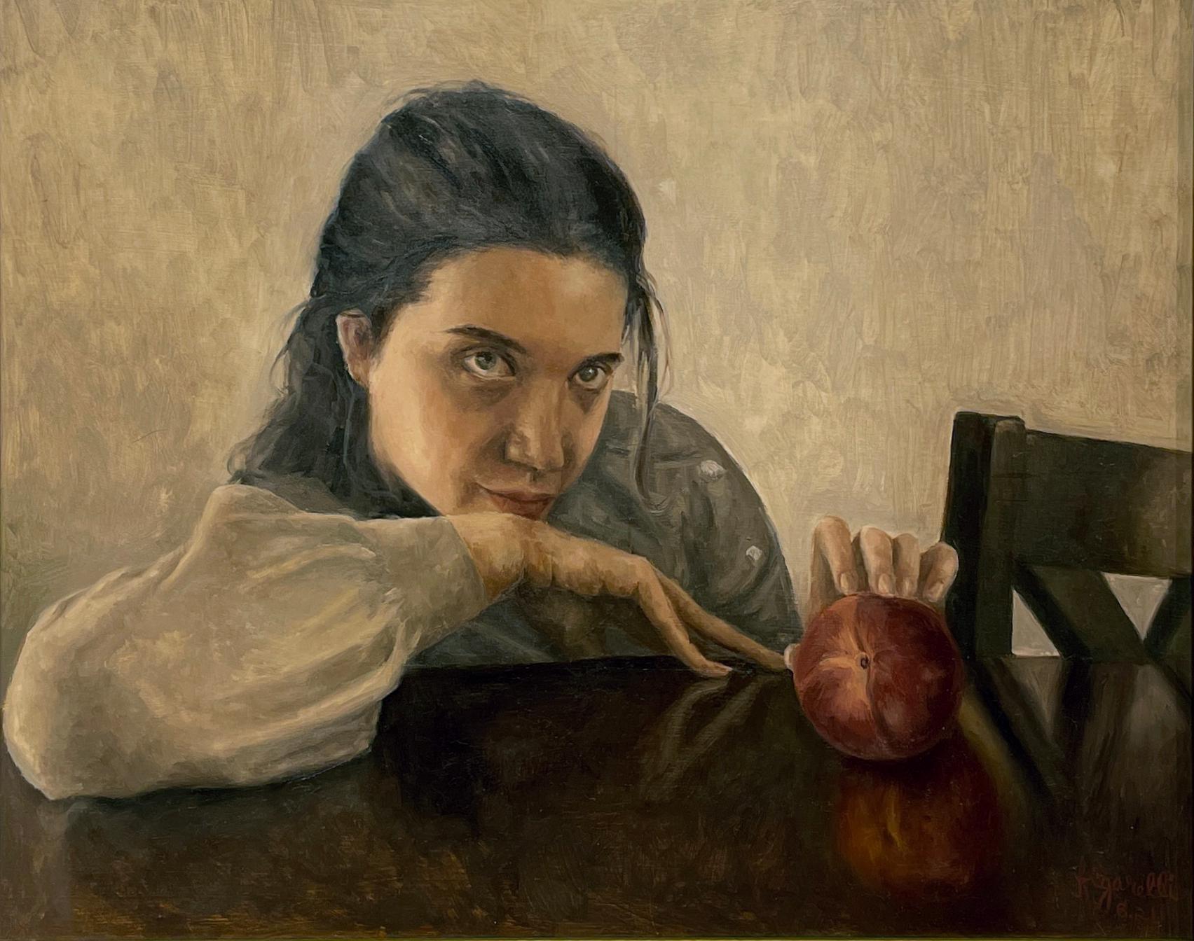 The Agreement - Contemplative weibliche Figur mit Früchten, Öl auf Tafel, gerahmt – Painting von Tina Figarelli