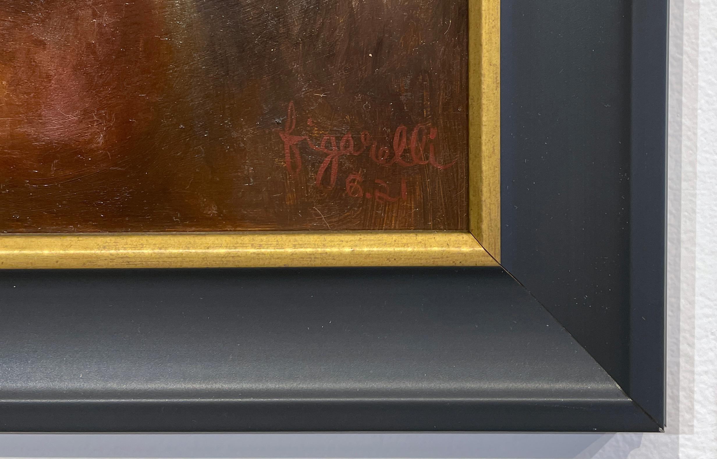 The Agreement - Contemplative weibliche Figur mit Früchten, Öl auf Tafel, gerahmt (Schwarz), Portrait Painting, von Tina Figarelli