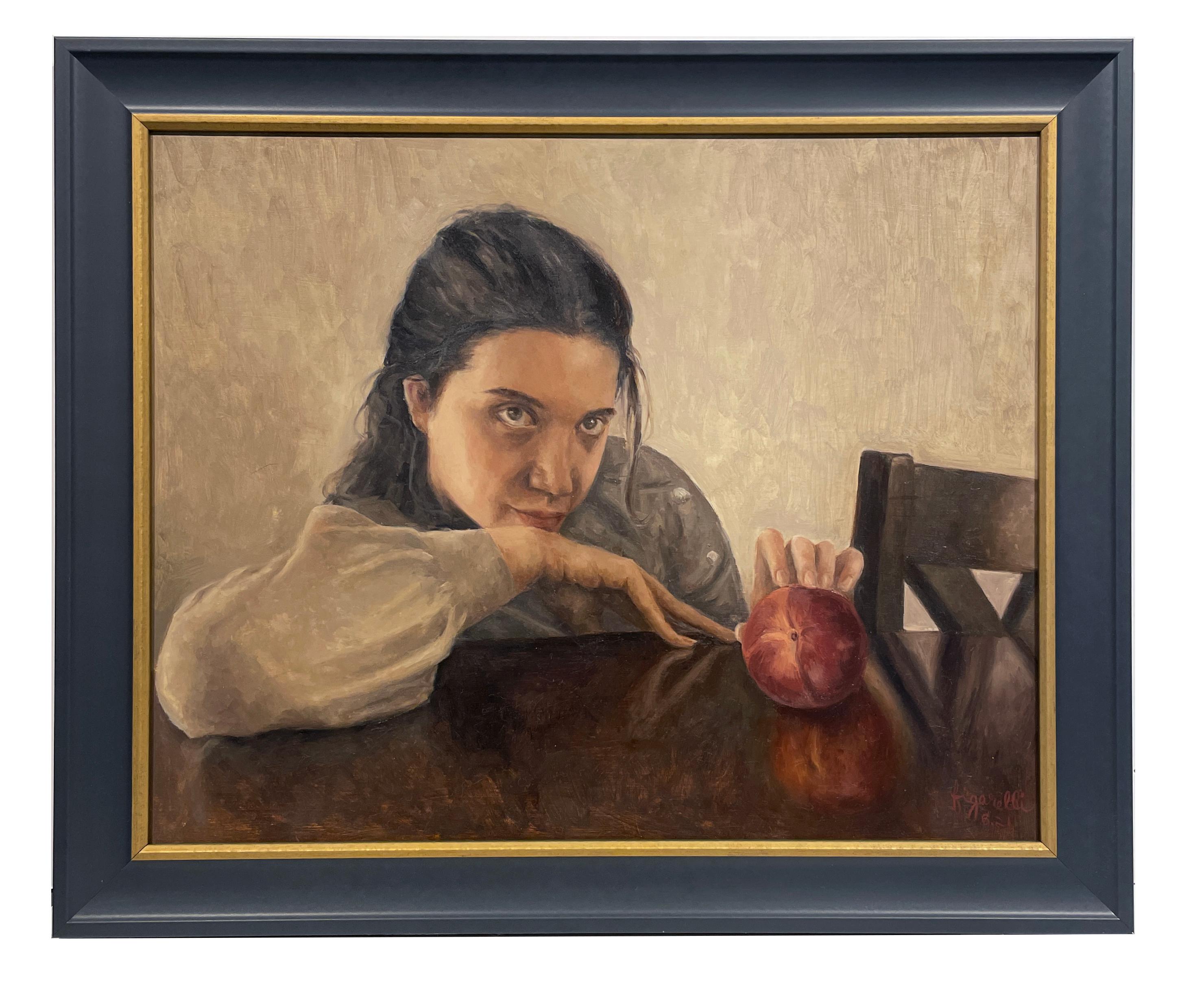 El Acuerdo - Figura femenina contemplativa con fruta, Óleo sobre tabla, Enmarcado