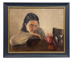 El Acuerdo - Figura femenina contemplativa con fruta, Óleo sobre tabla, Enmarcado