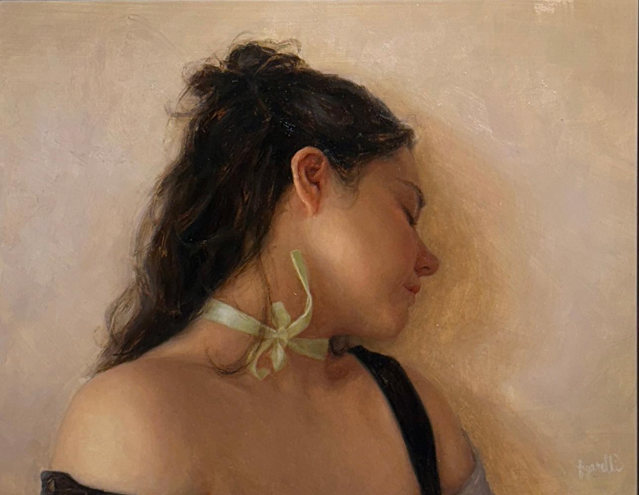 The Girl with the Green Ribbon - Contemplative weibliche Figur, Öl auf Tafel – Painting von Tina Figarelli
