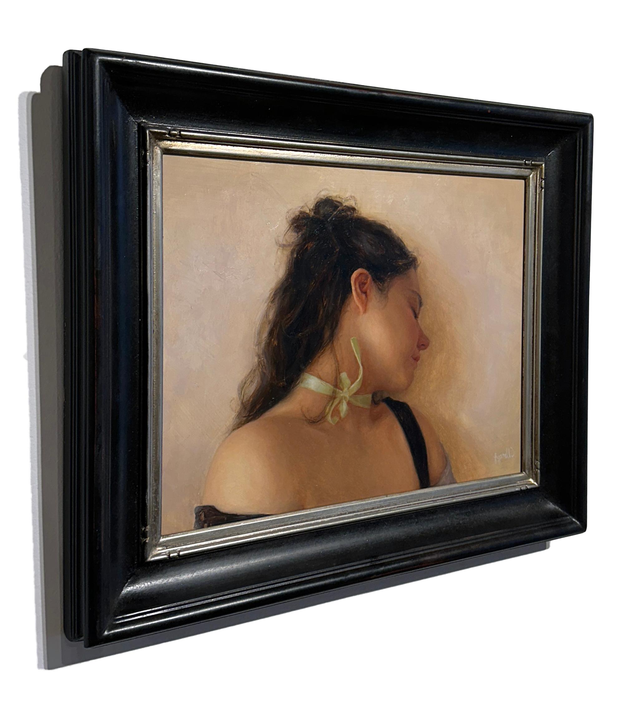 The Girl with the Green Ribbon - Contemplative Female Figure, Oil on Panel - Contemporary Painting by Tina Figarelli