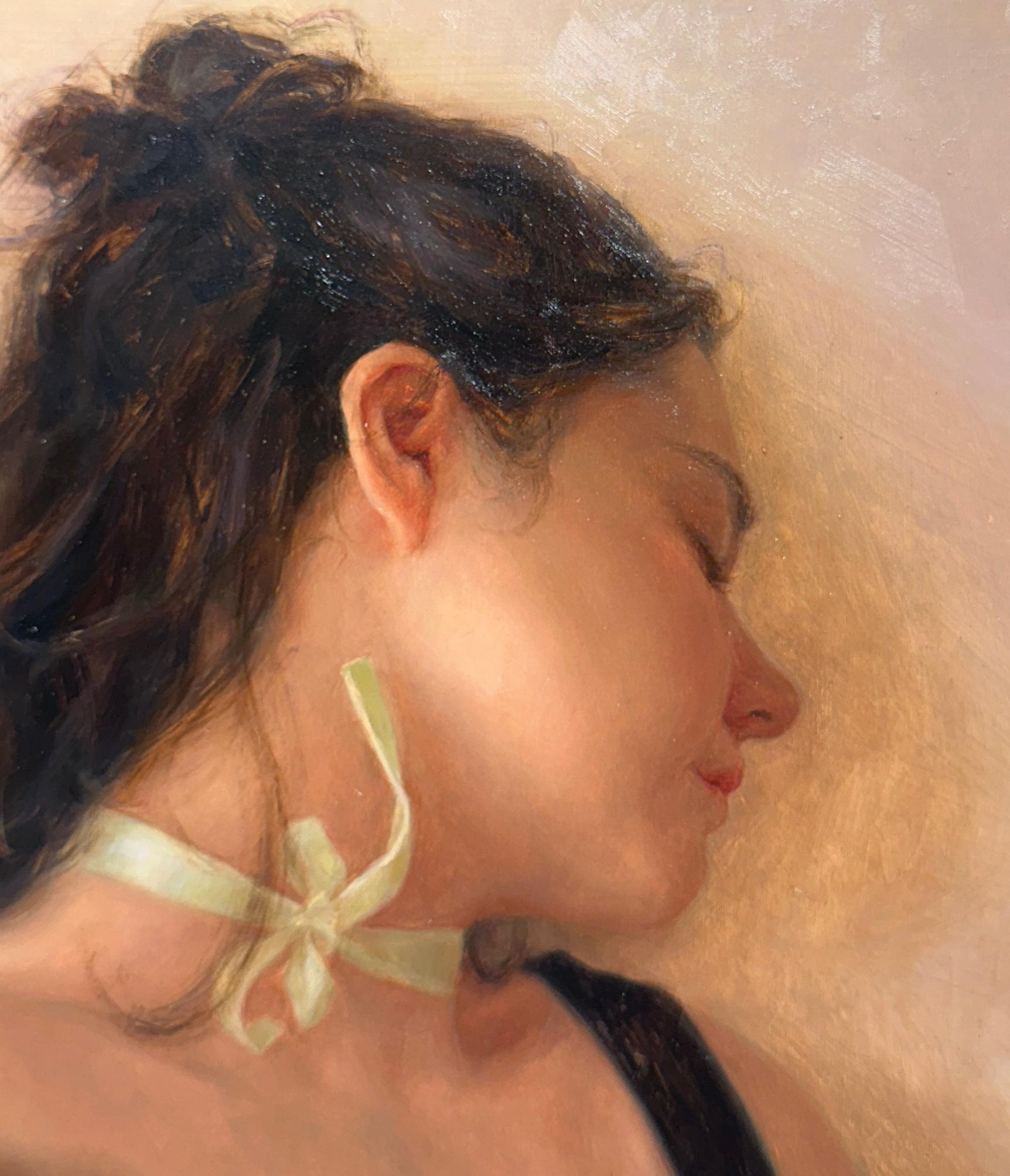 The Girl with the Green Ribbon - Contemplative Female Figure, Oil on Panel For Sale 2