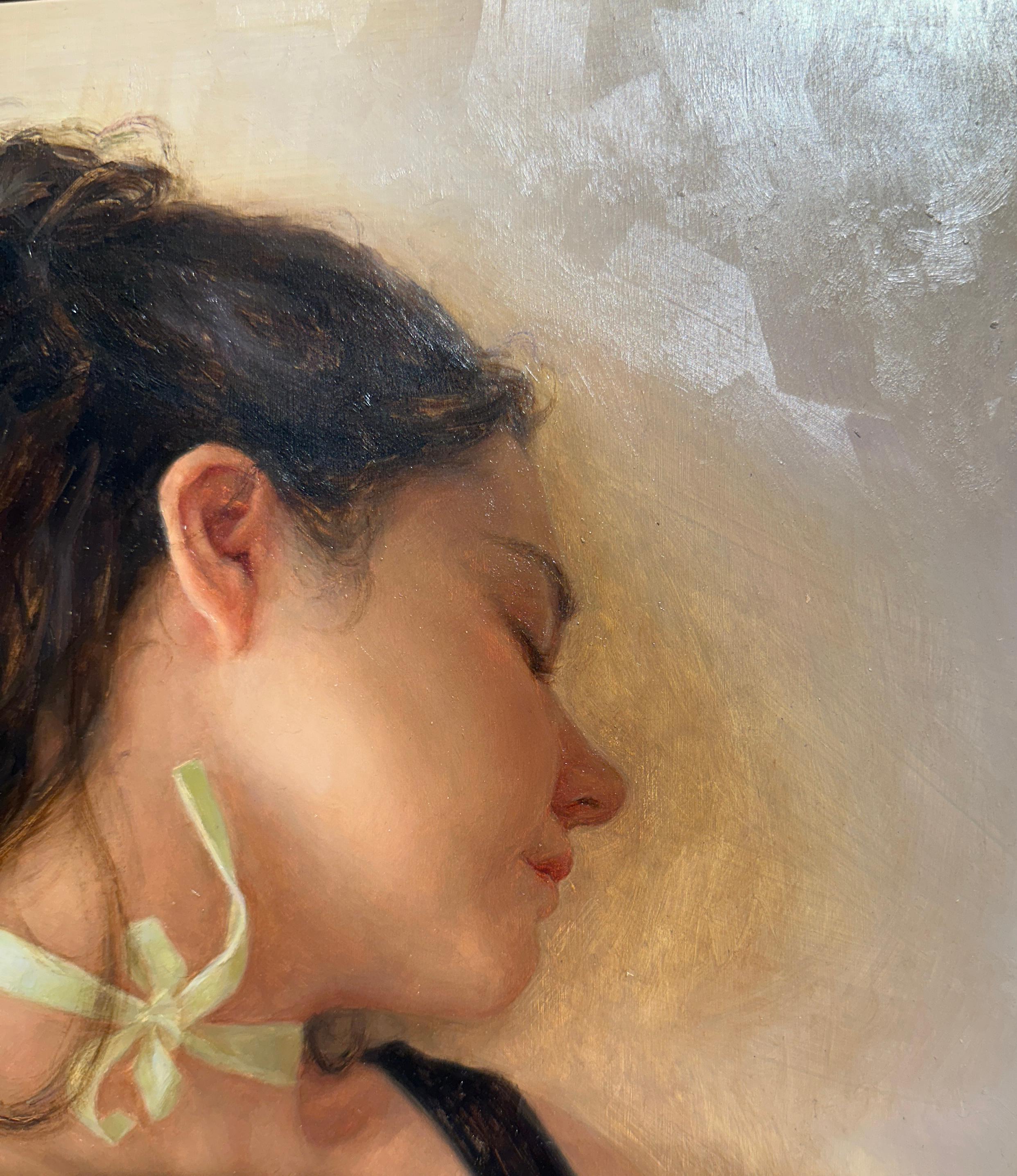 The Girl with the Green Ribbon - Contemplative Female Figure, Oil on Panel For Sale 3