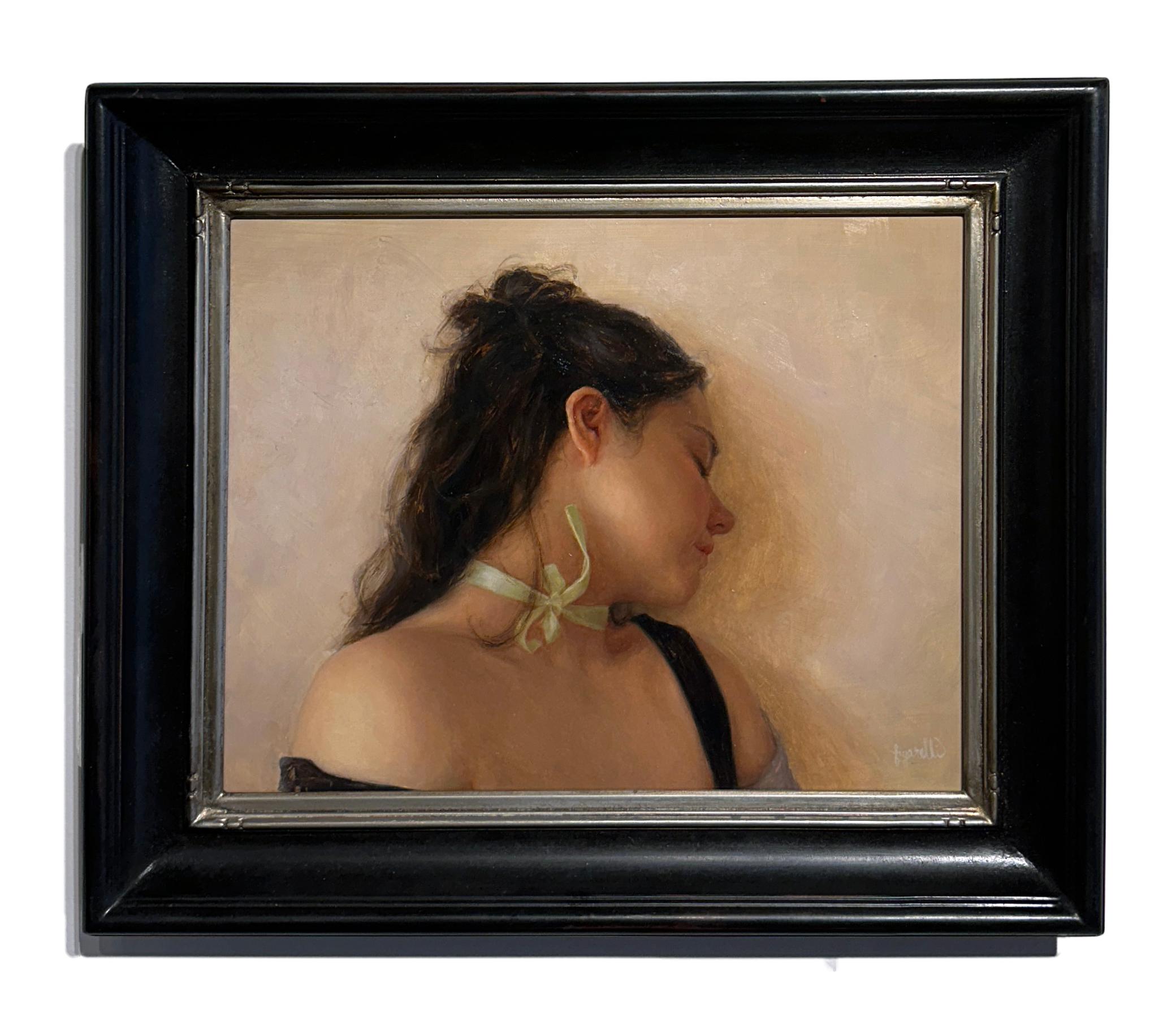 Tina Figarelli Portrait Painting - The Girl with the Green Ribbon - Contemplative Female Figure, Oil on Panel