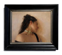 The Girl with the Green Ribbon - Contemplative Female Figure, Oil on Panel