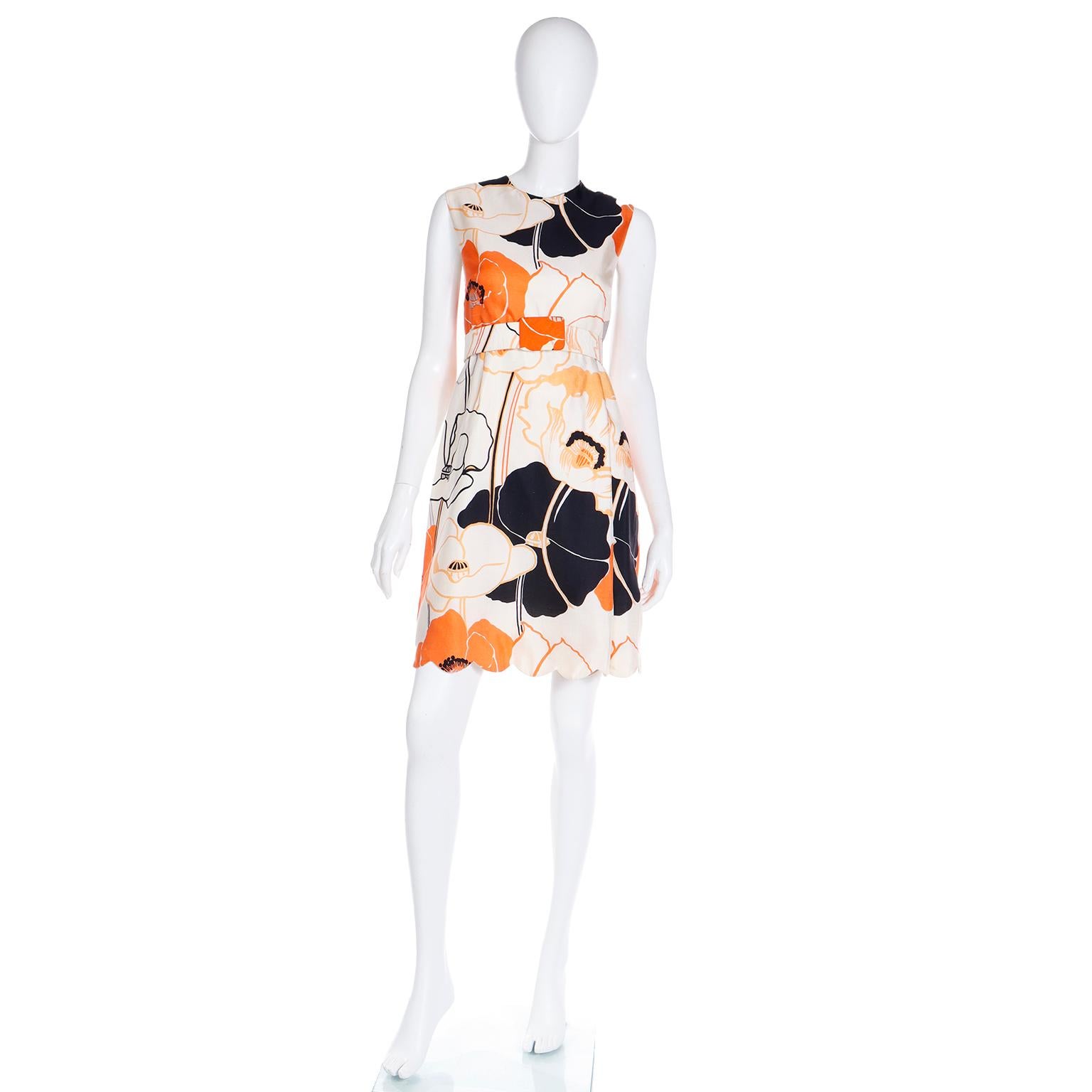 Tina Leser 1960's Vintage Sleeveless Silk Orange Floral Mini Dress In Excellent Condition For Sale In Portland, OR