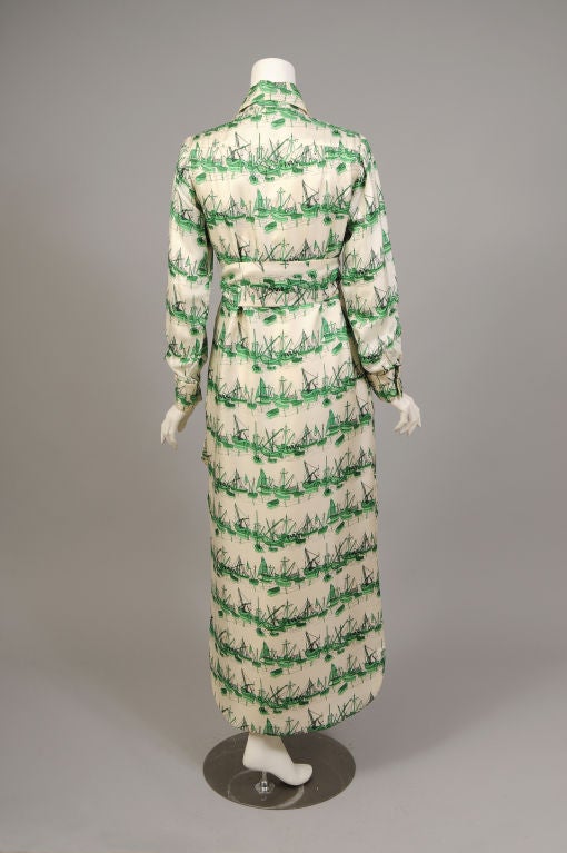 White Tina Leser Original Green and Cream Nautical Silk Print Dress