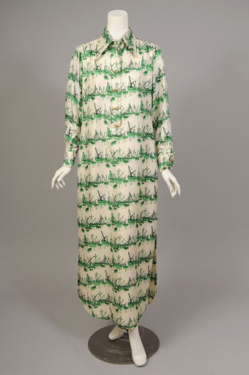 Tina Leser Original Green and Cream Nautical Silk Print Dress In Excellent Condition In New Hope, PA