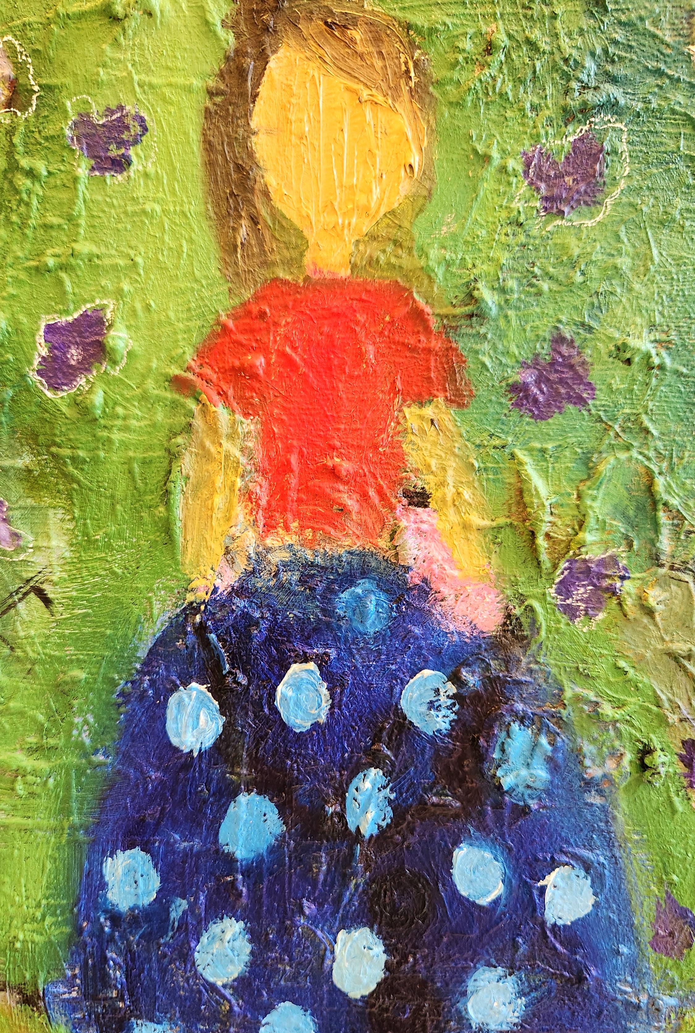 Pittura olio su tela -- Ragazza con vestito a pois in vendita 3
