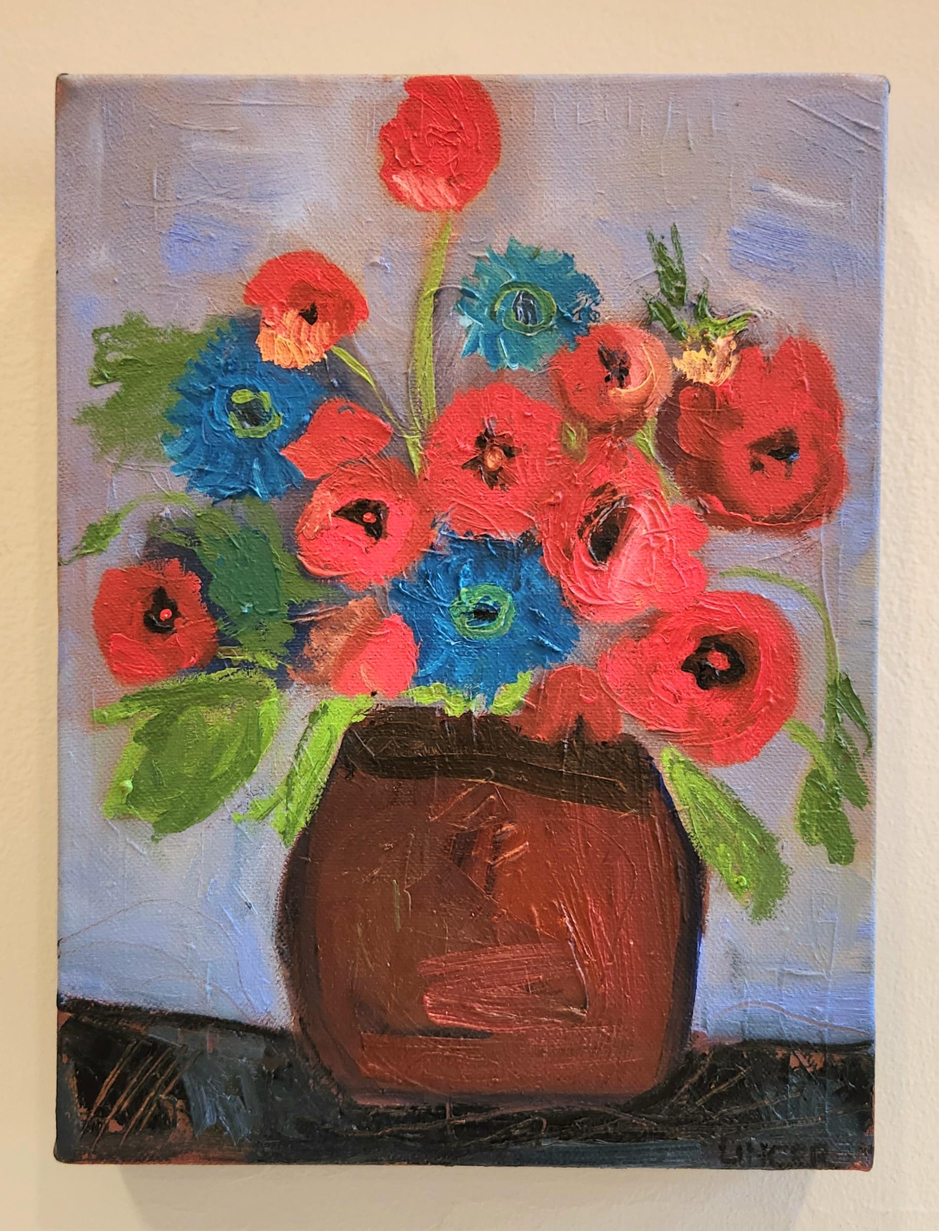 Tina Lincer Still-Life Painting - Oil on Canvas Painting -- Poppies & Anemones