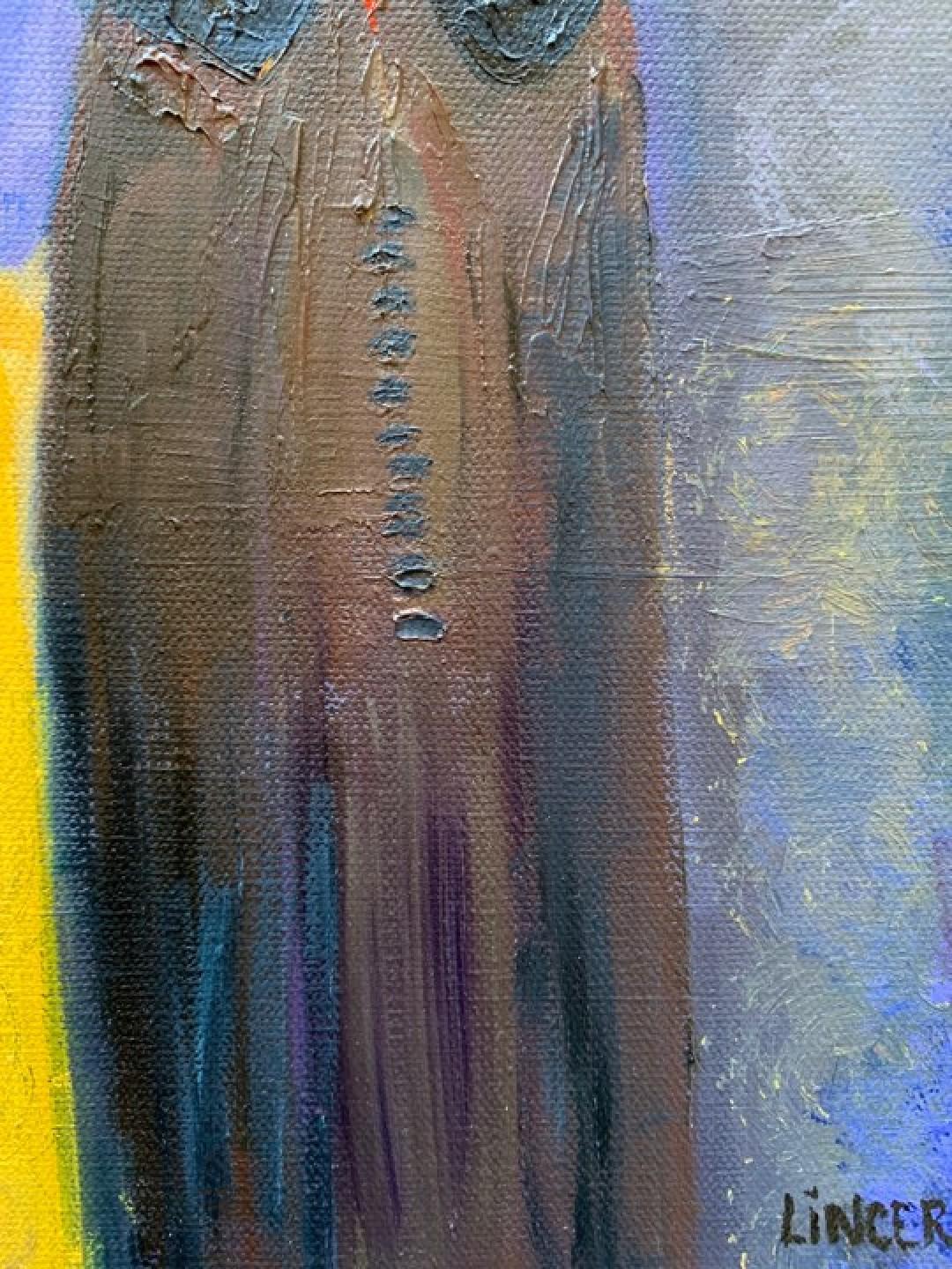 Ritratto olio su tela -- Ragazzo con cappotto marrone - Painting Contemporaneo di Tina Lincer